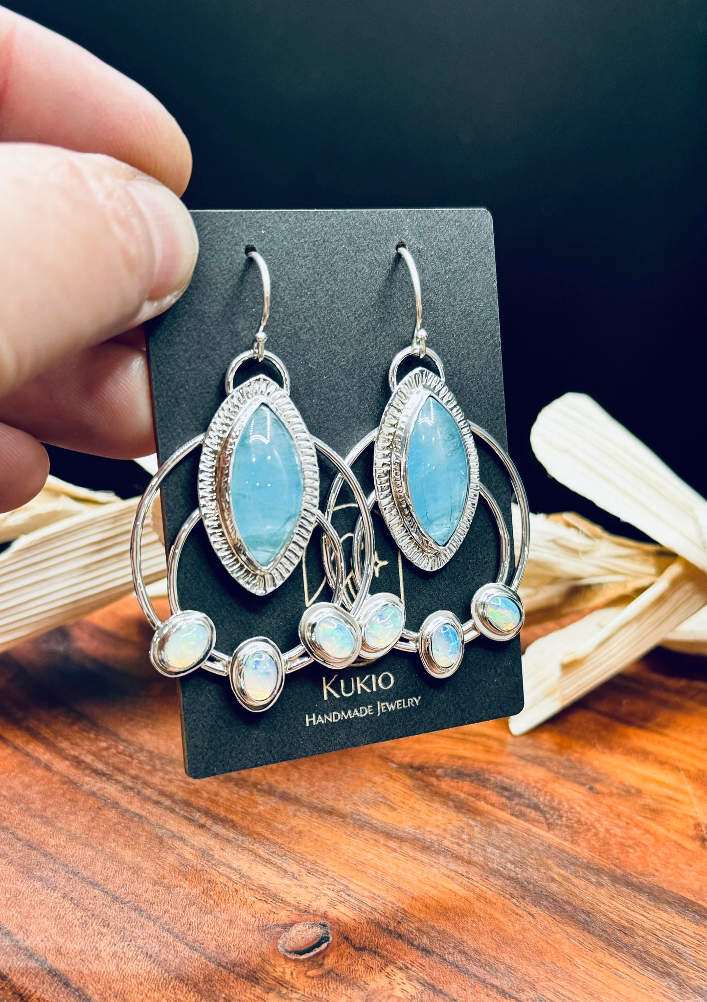 Sterling Silver Aquamarine and Opal Double Hoop Earrings