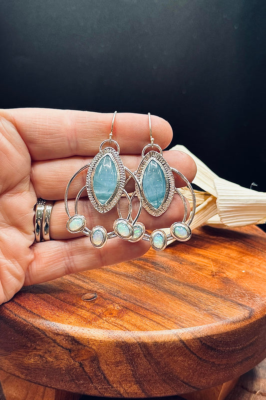 Sterling Silver Aquamarine and Opal Double Hoop Earrings