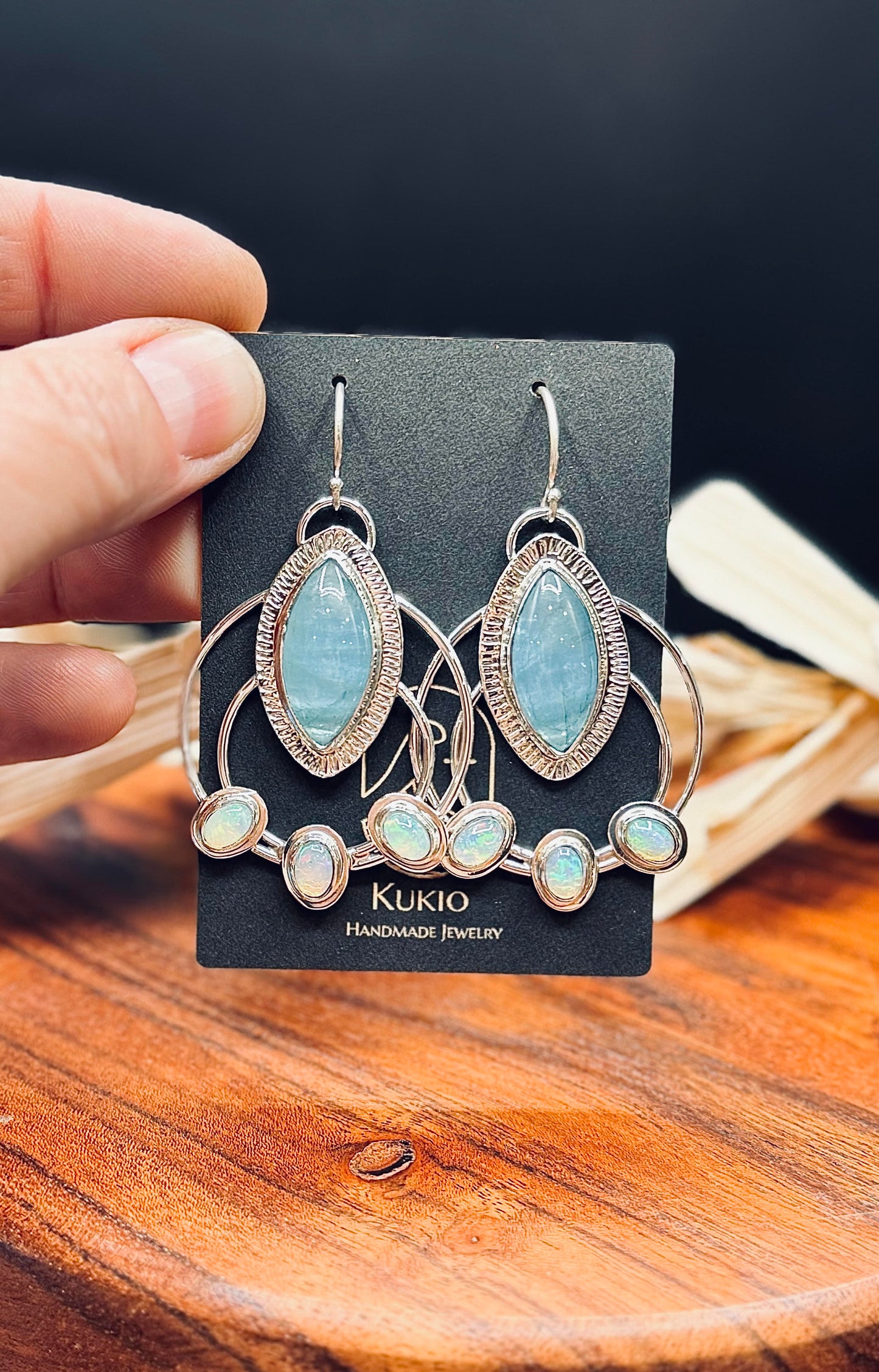 Sterling Silver Aquamarine and Opal Double Hoop Earrings