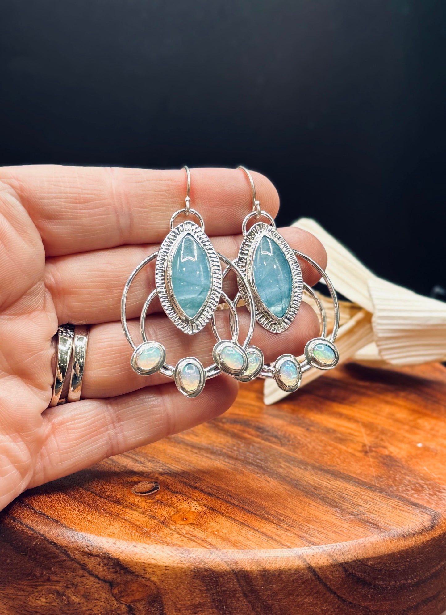 Sterling Silver Aquamarine and Opal Double Hoop Earrings