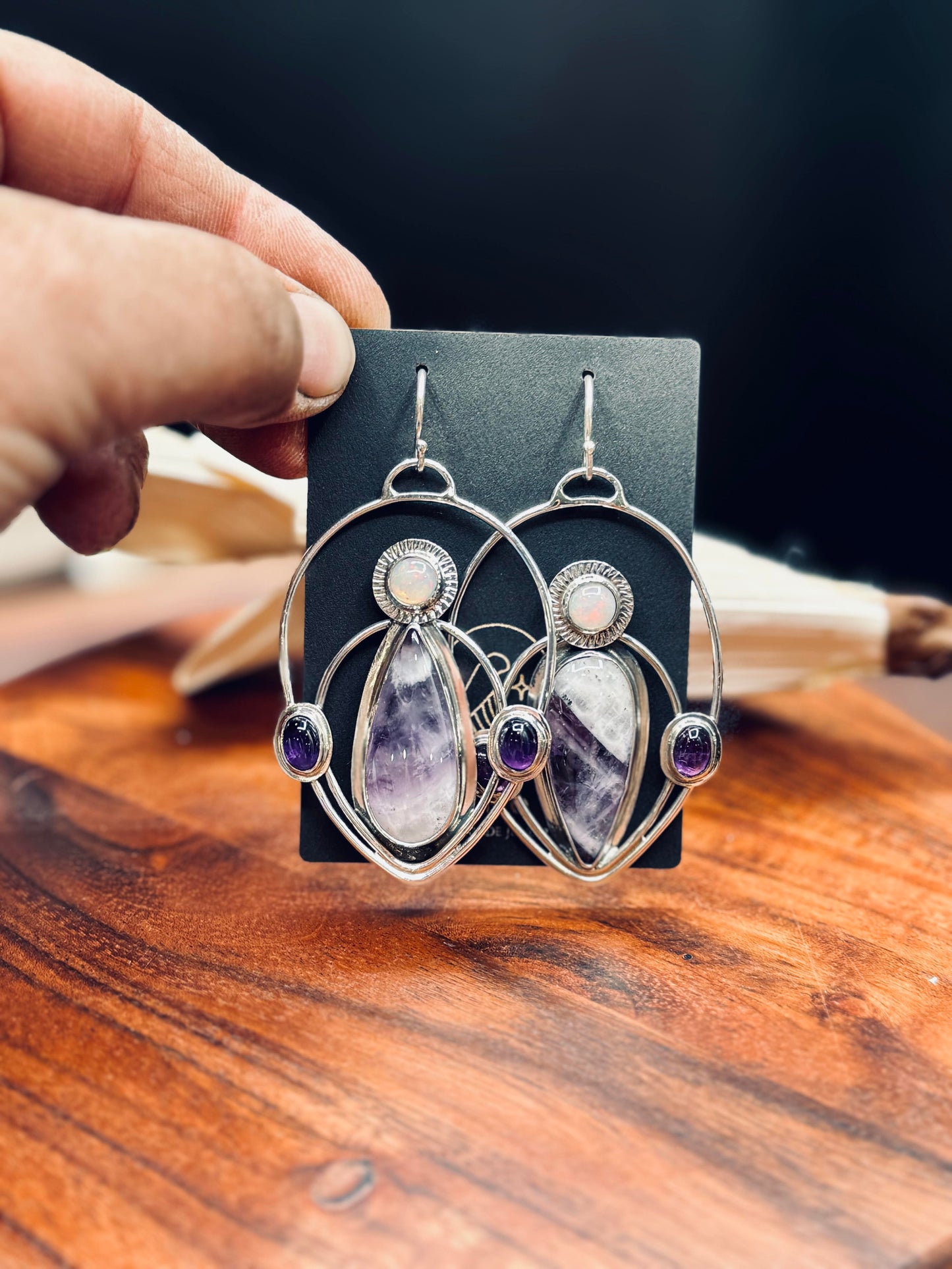 Sterling Silver Chevron Amethyst with Opal and Amethyst Earrings