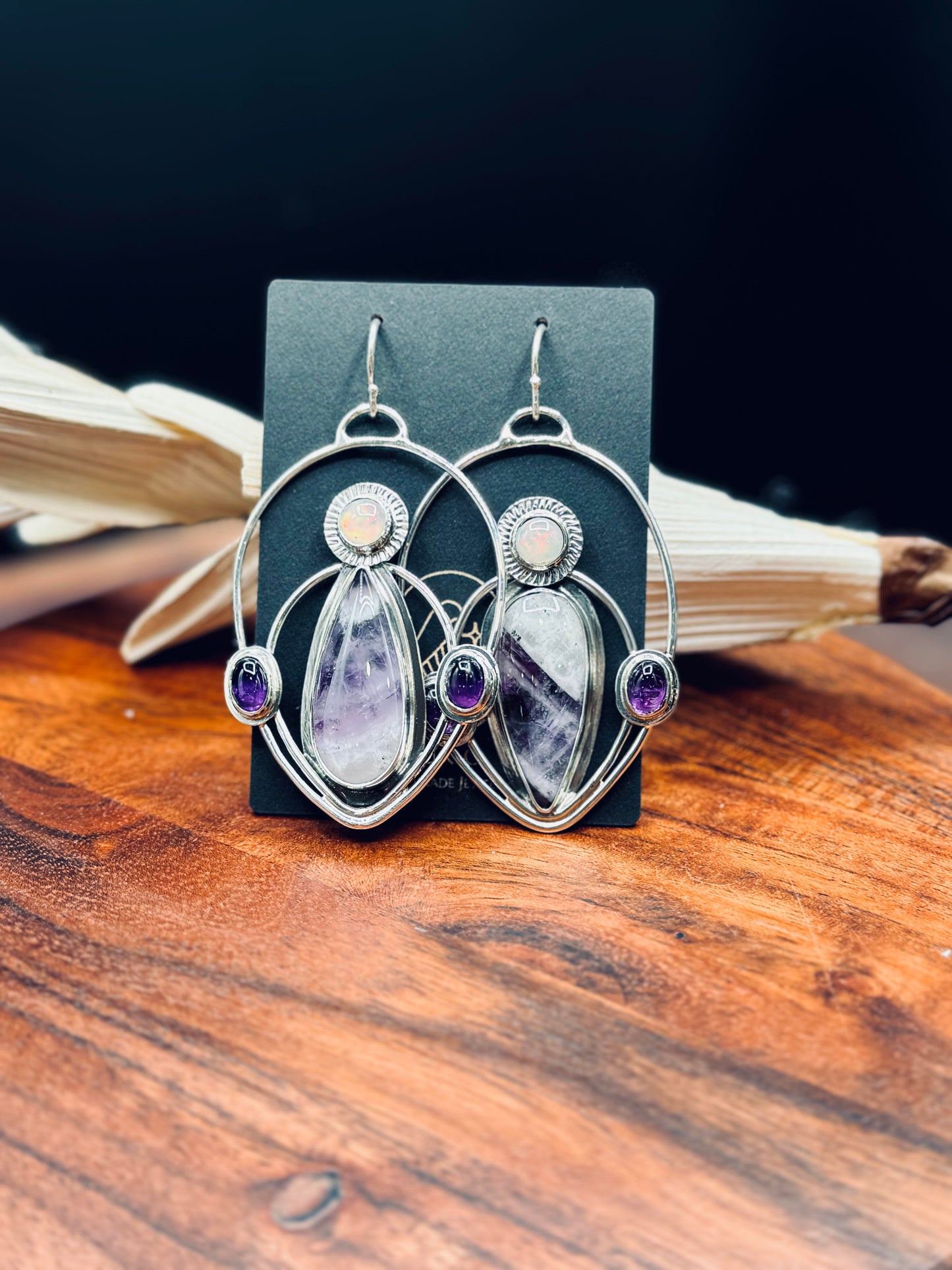 Sterling Silver Chevron Amethyst with Opal and Amethyst Earrings