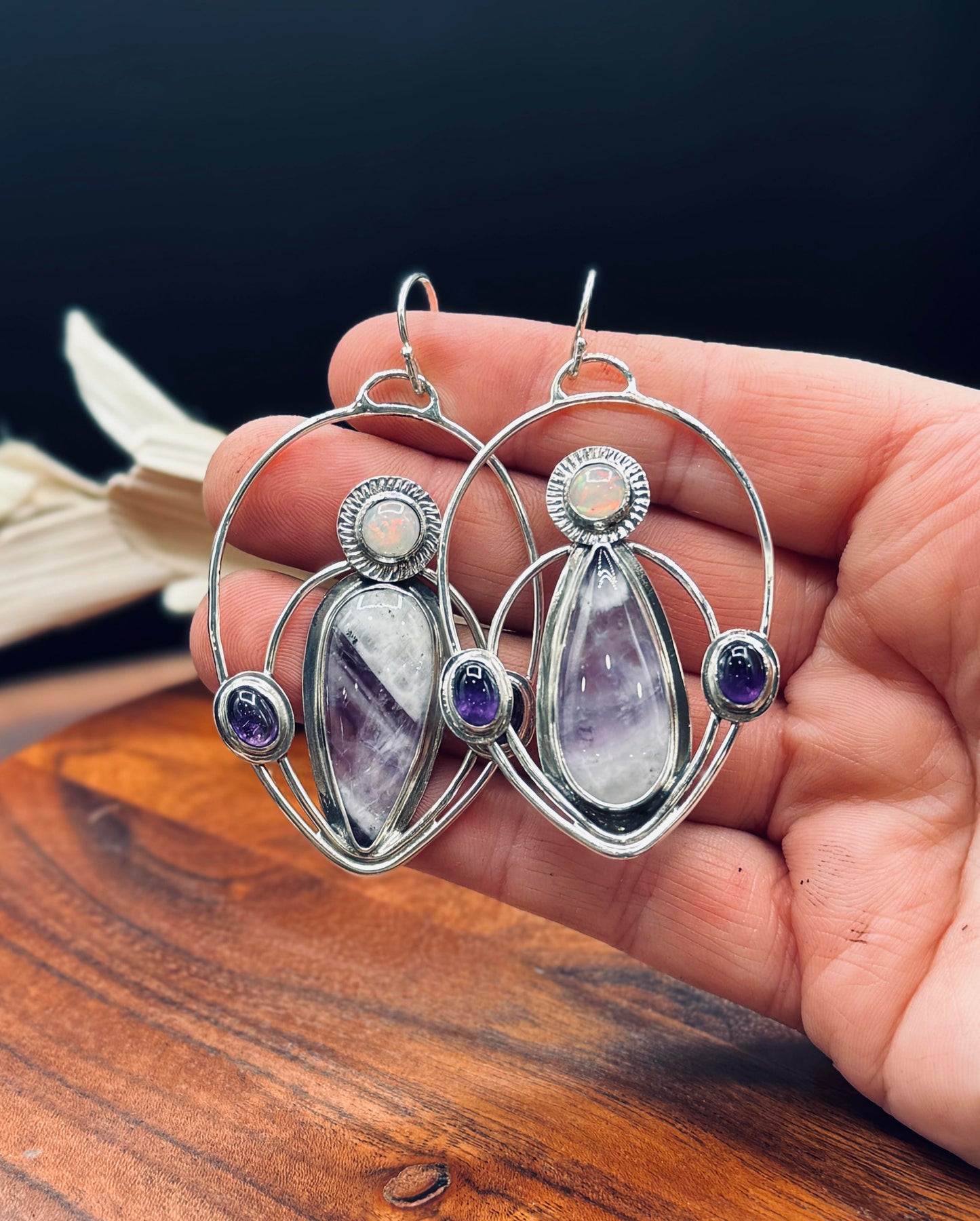 Sterling Silver Chevron Amethyst with Opal and Amethyst Earrings