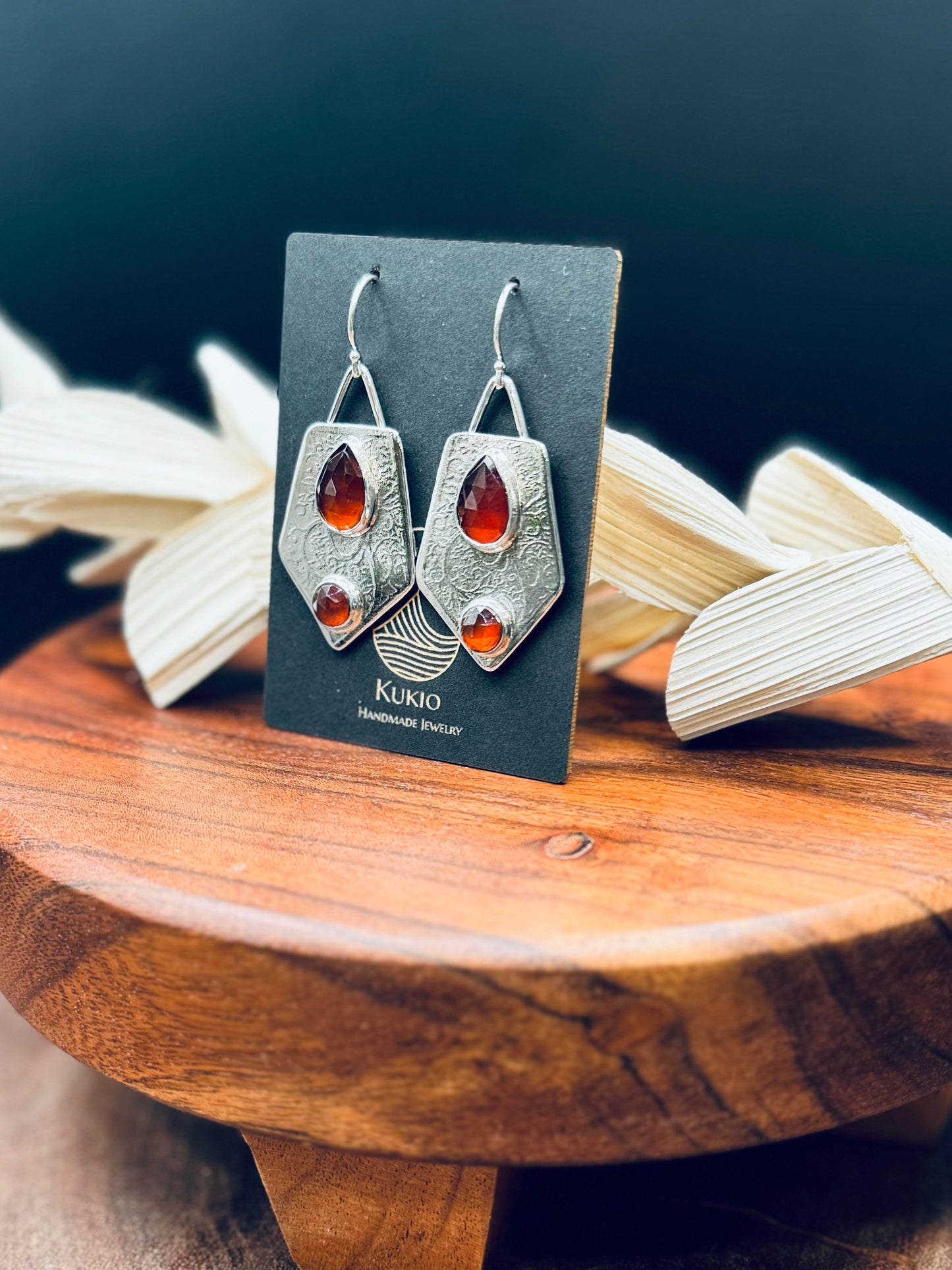 Patterned Sterling Silver Hessonite Garnet Earrings