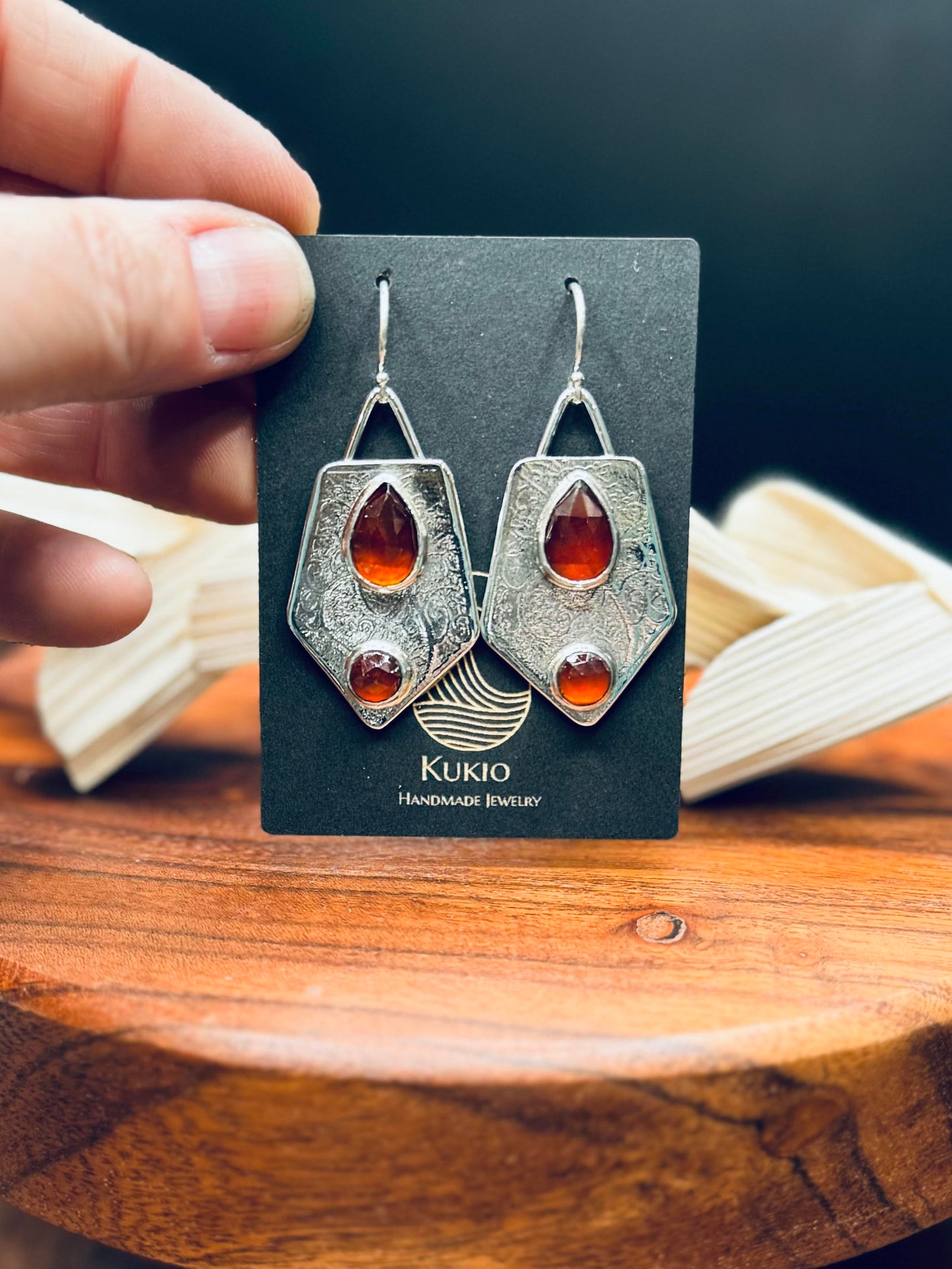 Patterned Sterling Silver Hessonite Garnet Earrings