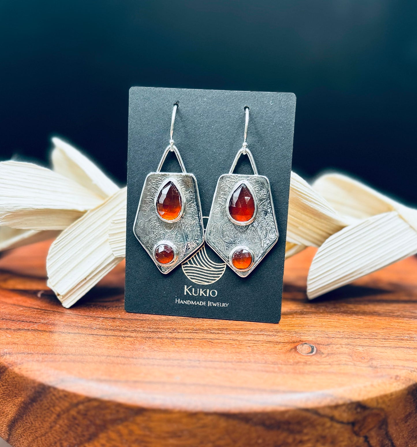 Patterned Sterling Silver Hessonite Garnet Earrings