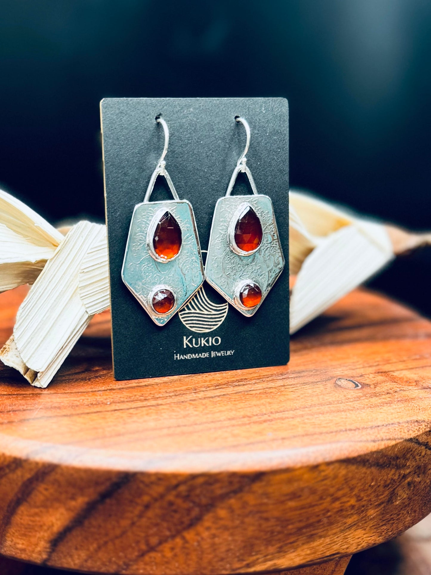 Patterned Sterling Silver Hessonite Garnet Earrings