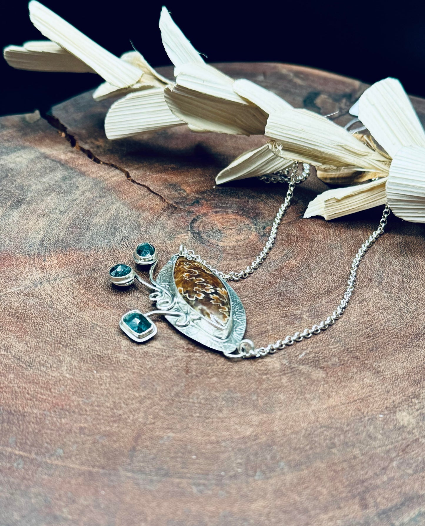 Sterling Silver Ammonite and Teal Moss Kyanite Necklace