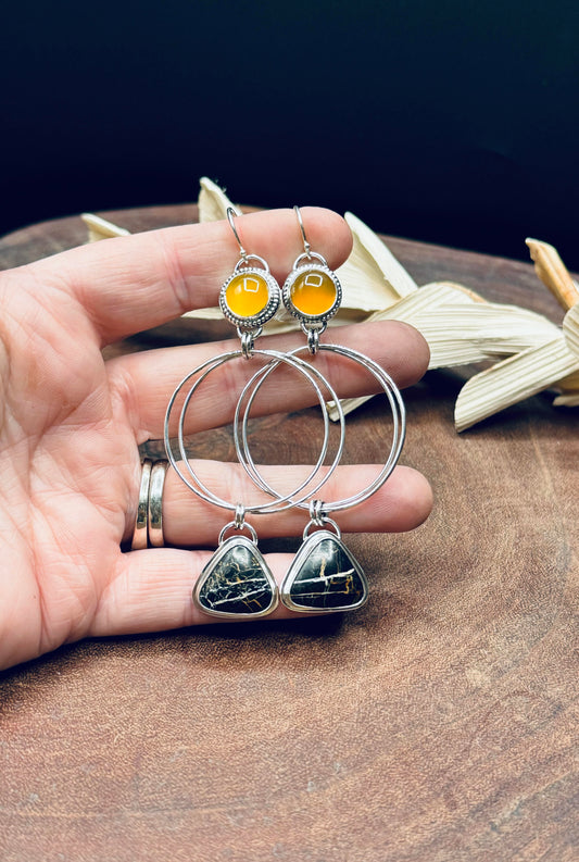 Iron Buffalo and Mango Chalcedony Sterling Silver Hoop Earrings