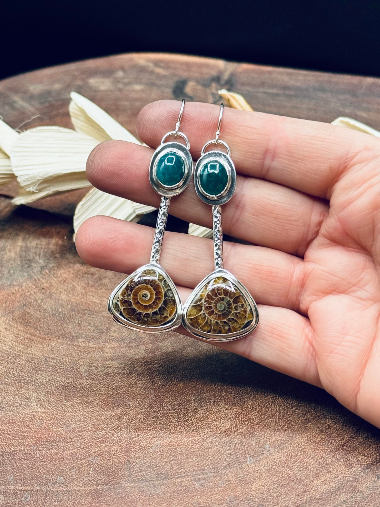 Sterling Silver Ammonite and Grandidierite Earrings