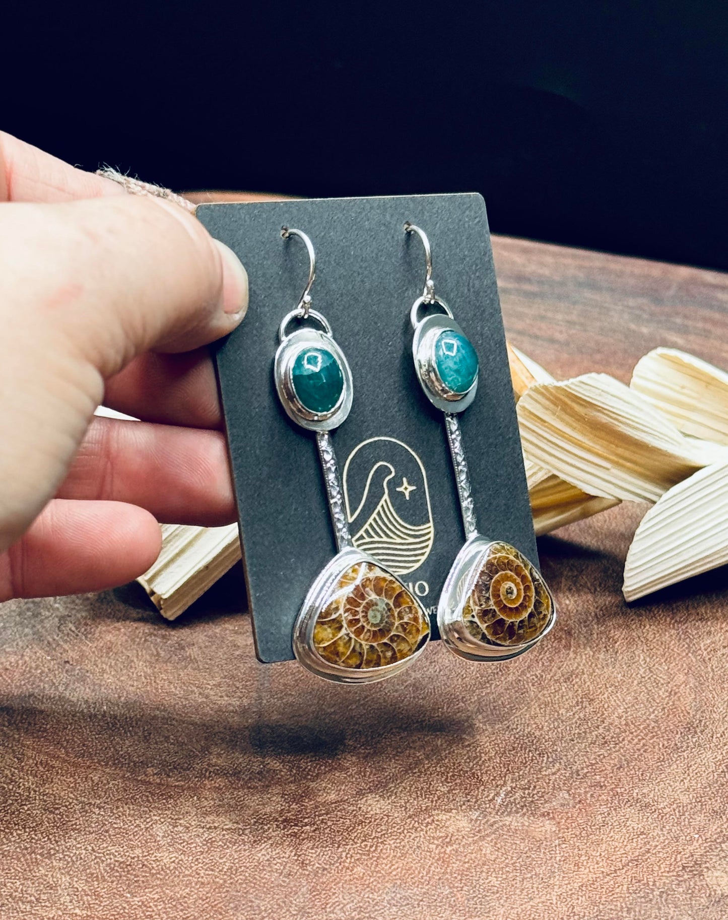 Sterling Silver Ammonite and Grandidierite Earrings