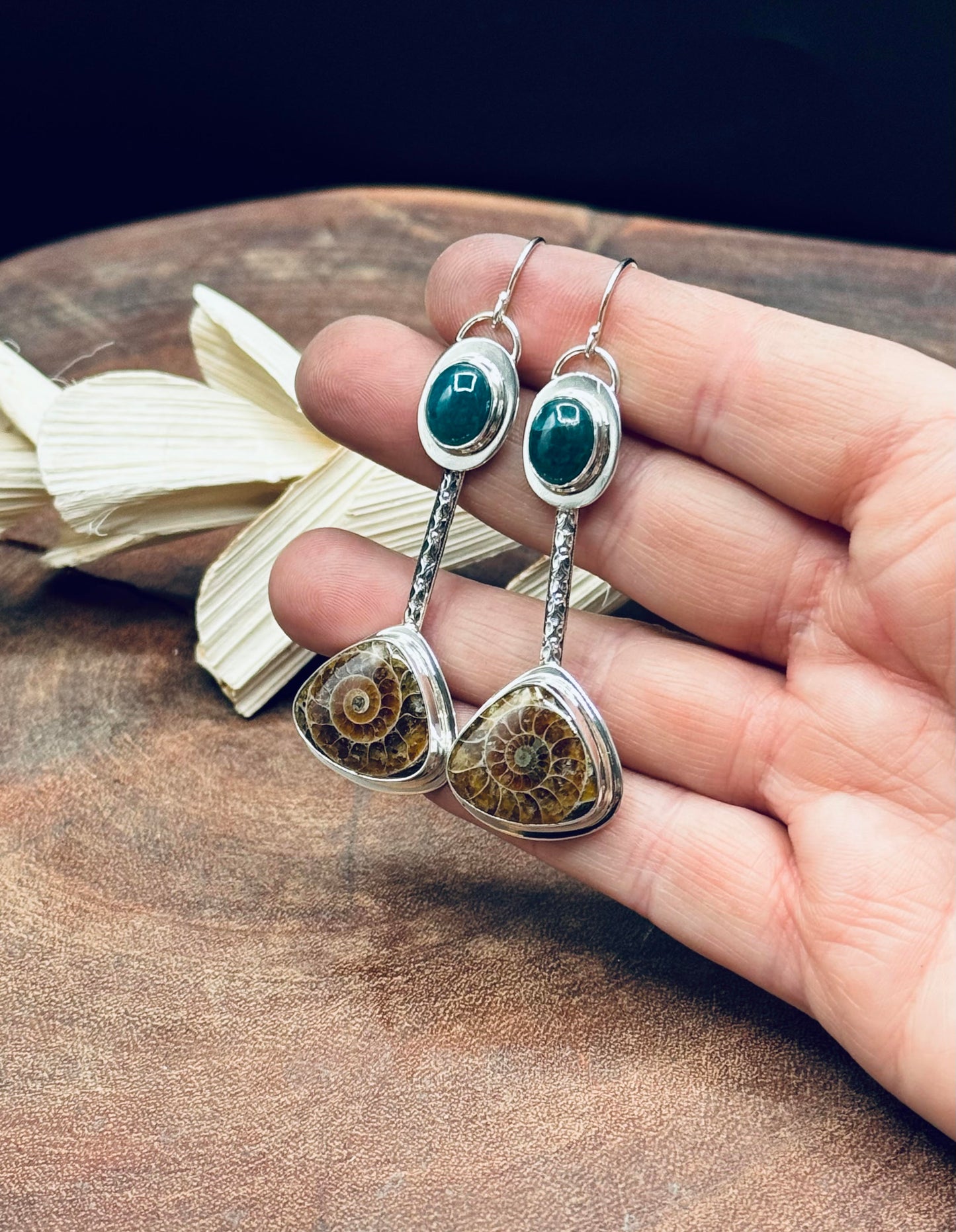 Sterling Silver Ammonite and Grandidierite Earrings