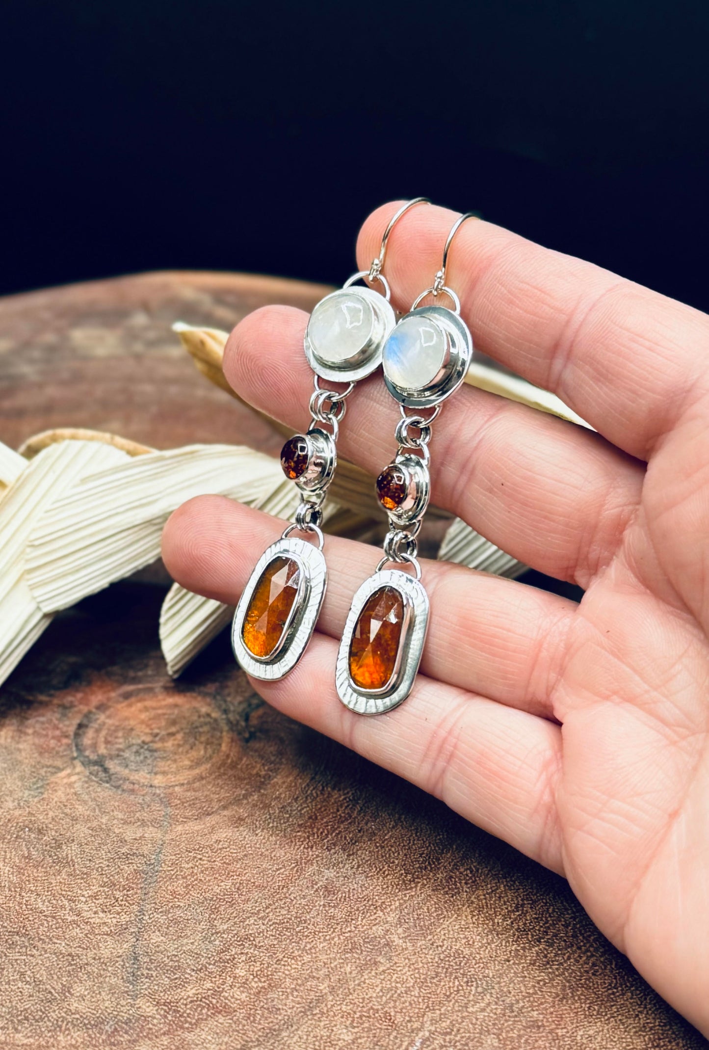 Orange Kyanite, Rainbow Moonstones and Baltic Amber Sterling Silver Earrings