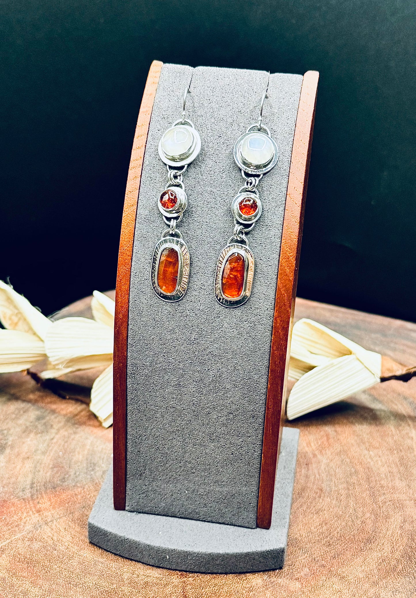 Orange Kyanite, Rainbow Moonstones and Baltic Amber Sterling Silver Earrings