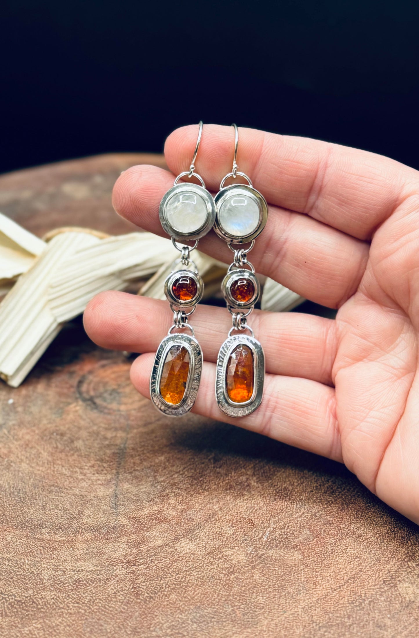 Orange Kyanite, Rainbow Moonstones and Baltic Amber Sterling Silver Earrings