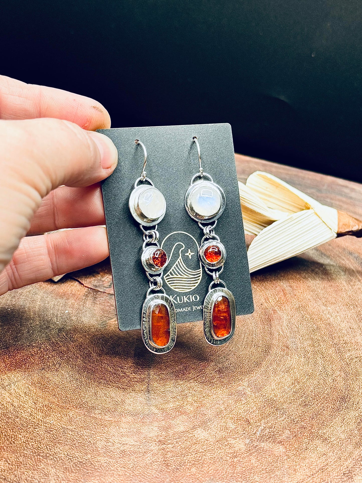 Orange Kyanite, Rainbow Moonstones and Baltic Amber Sterling Silver Earrings