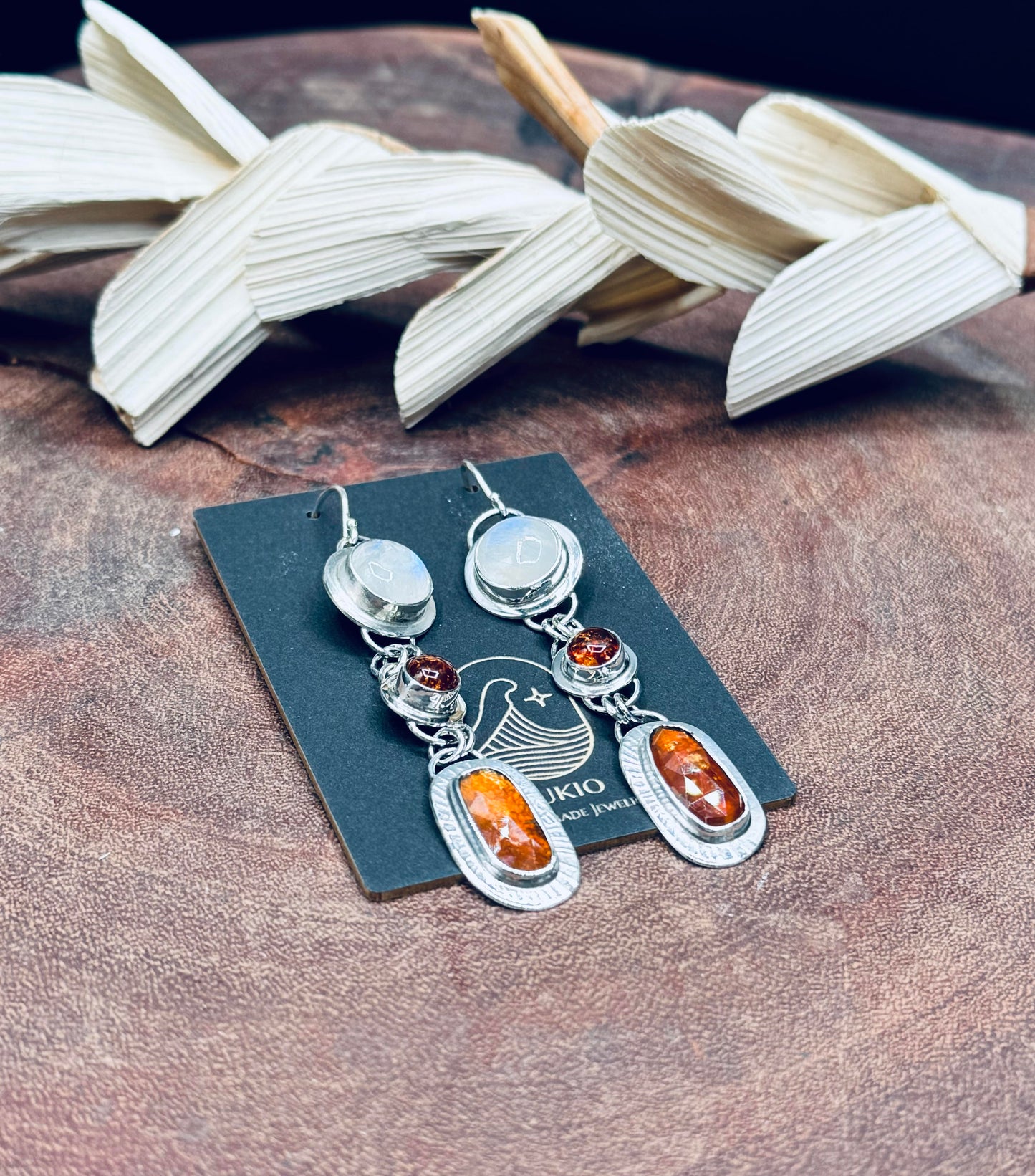 Orange Kyanite, Rainbow Moonstones and Baltic Amber Sterling Silver Earrings