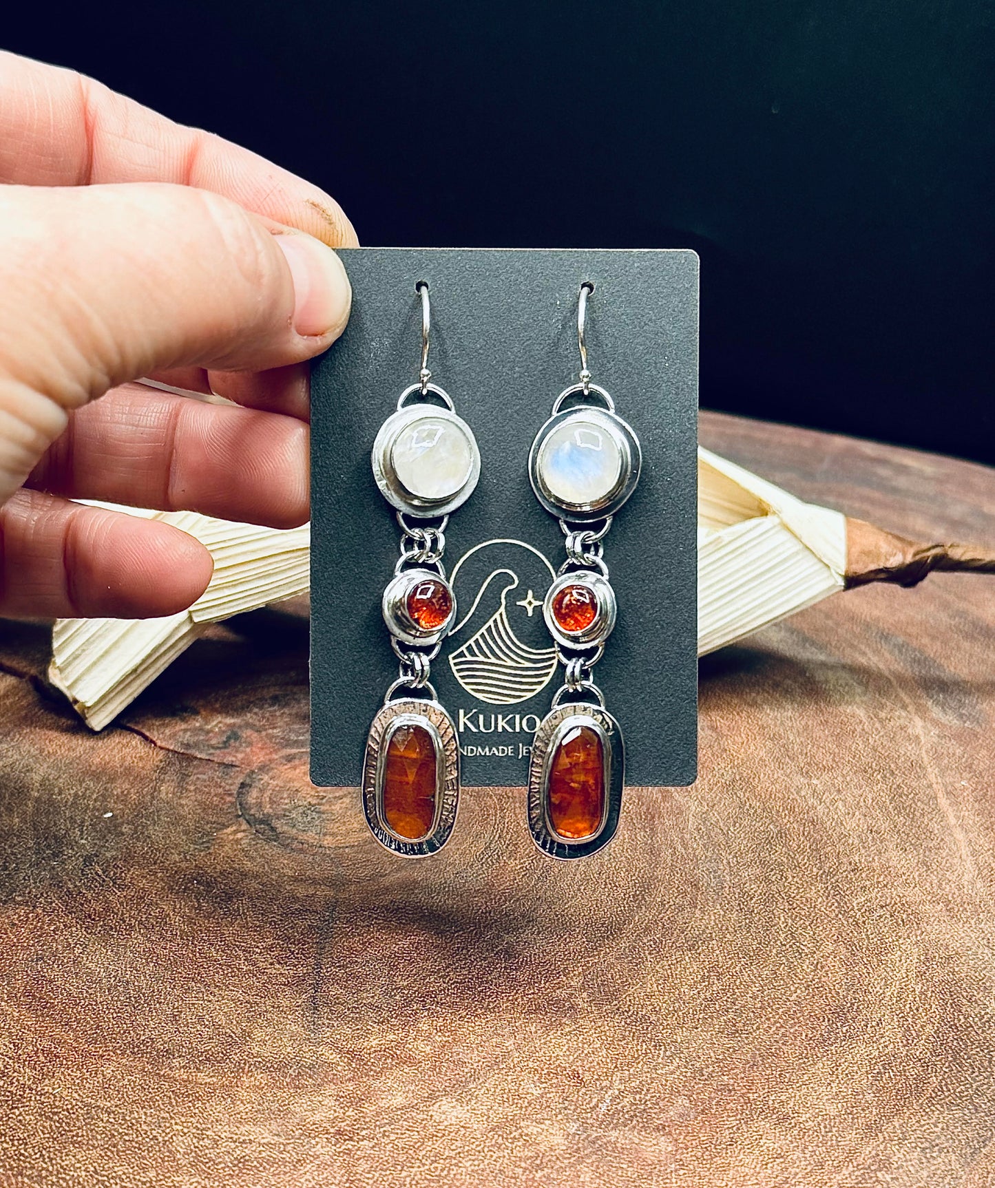 Orange Kyanite, Rainbow Moonstones and Baltic Amber Sterling Silver Earrings