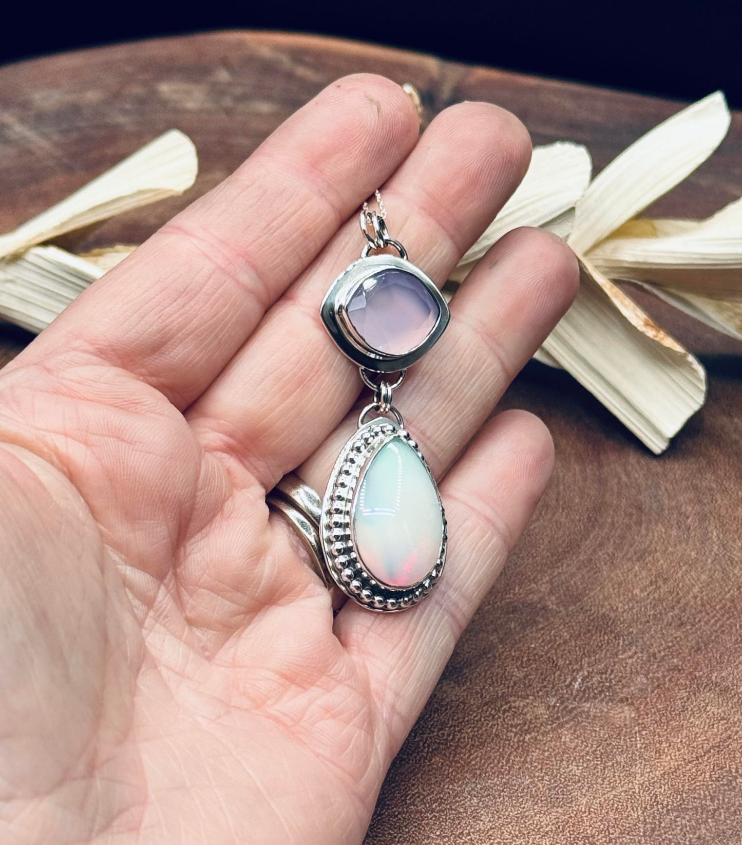 Sterling Silver Aurora Opal and Lavender Chalcedony Pendant