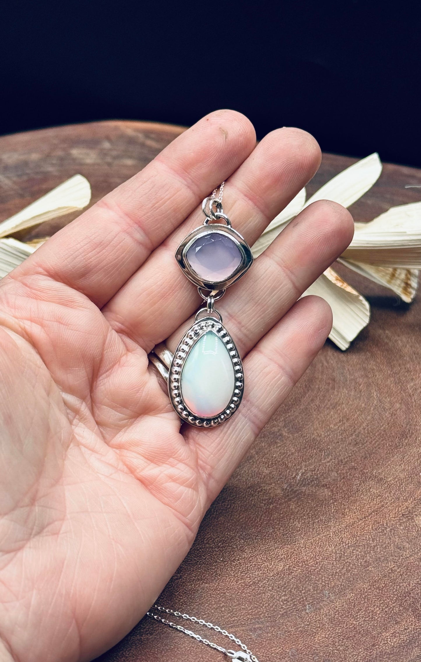 Sterling Silver Aurora Opal and Lavender Chalcedony Pendant