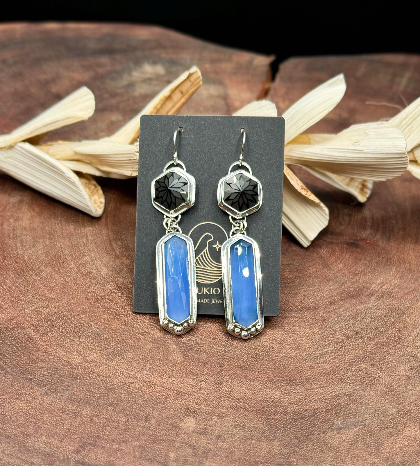 Namibian Chalcedony and Precision Cut Black Spinel Sterling Silver Earrings