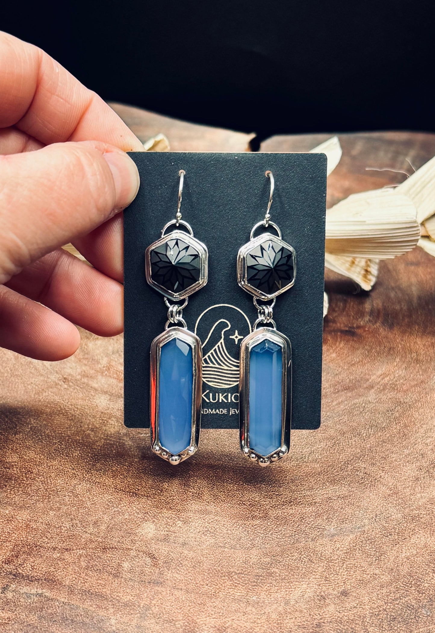 Namibian Chalcedony and Precision Cut Black Spinel Sterling Silver Earrings