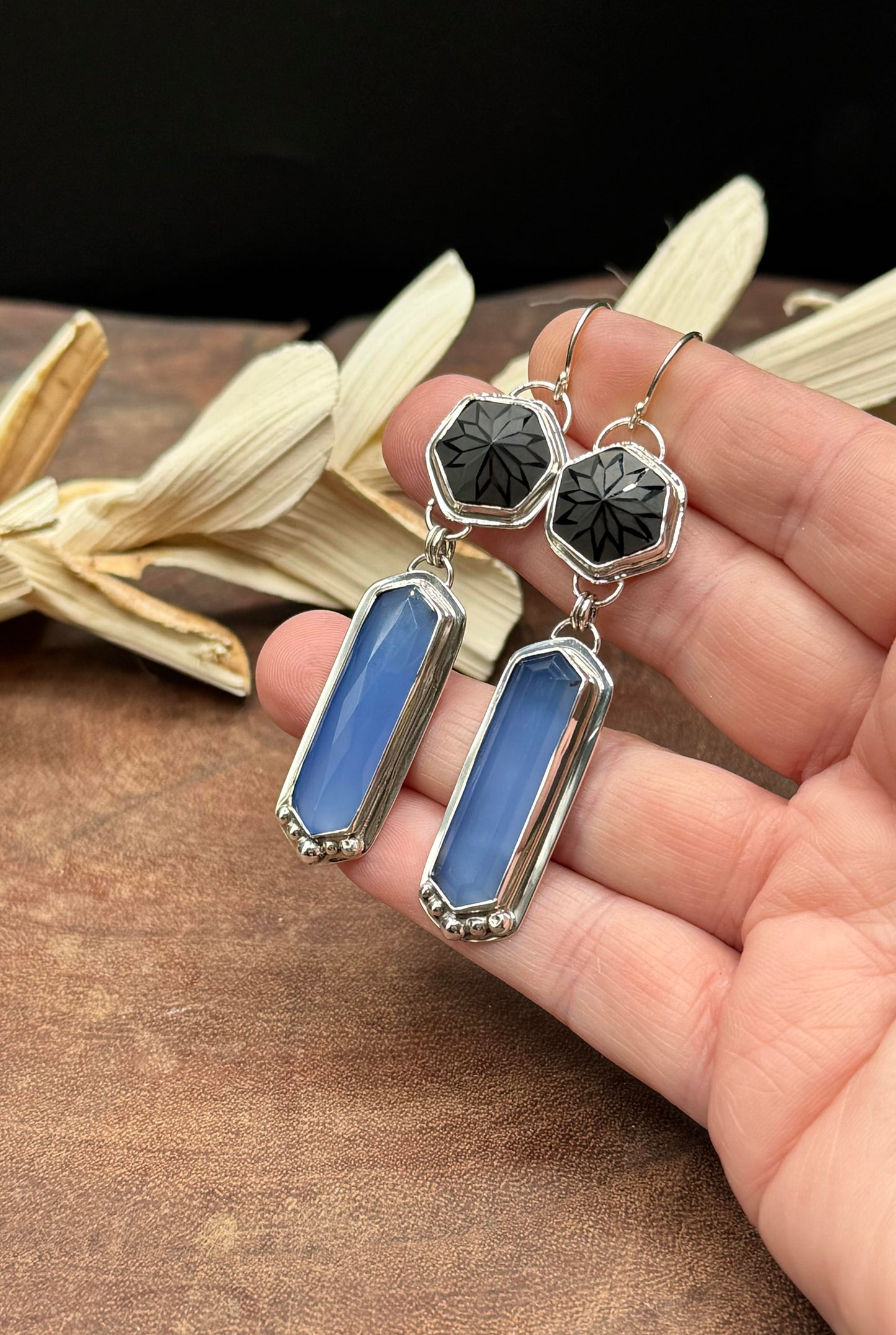 Namibian Chalcedony and Precision Cut Black Spinel Sterling Silver Earrings