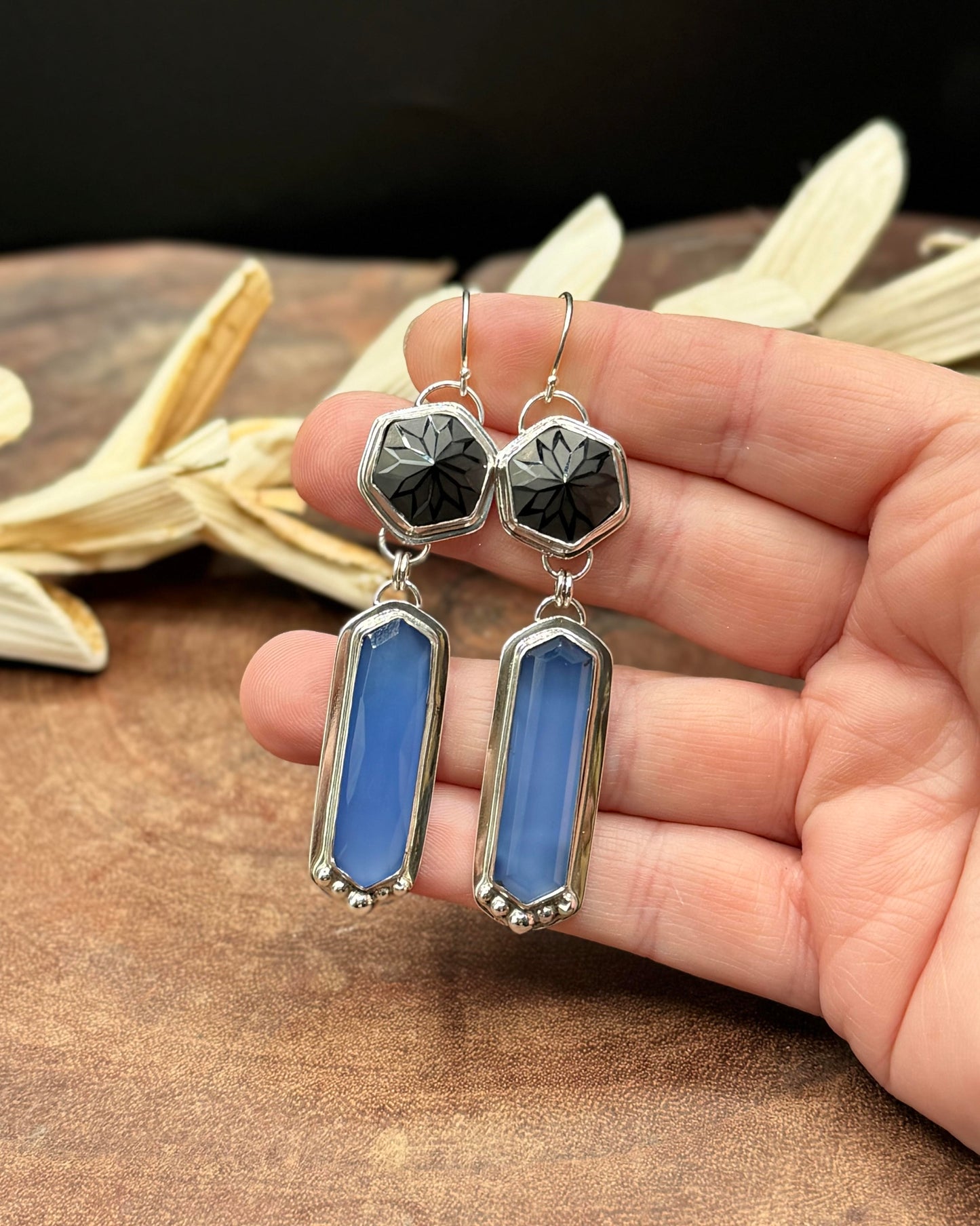 Namibian Chalcedony and Precision Cut Black Spinel Sterling Silver Earrings