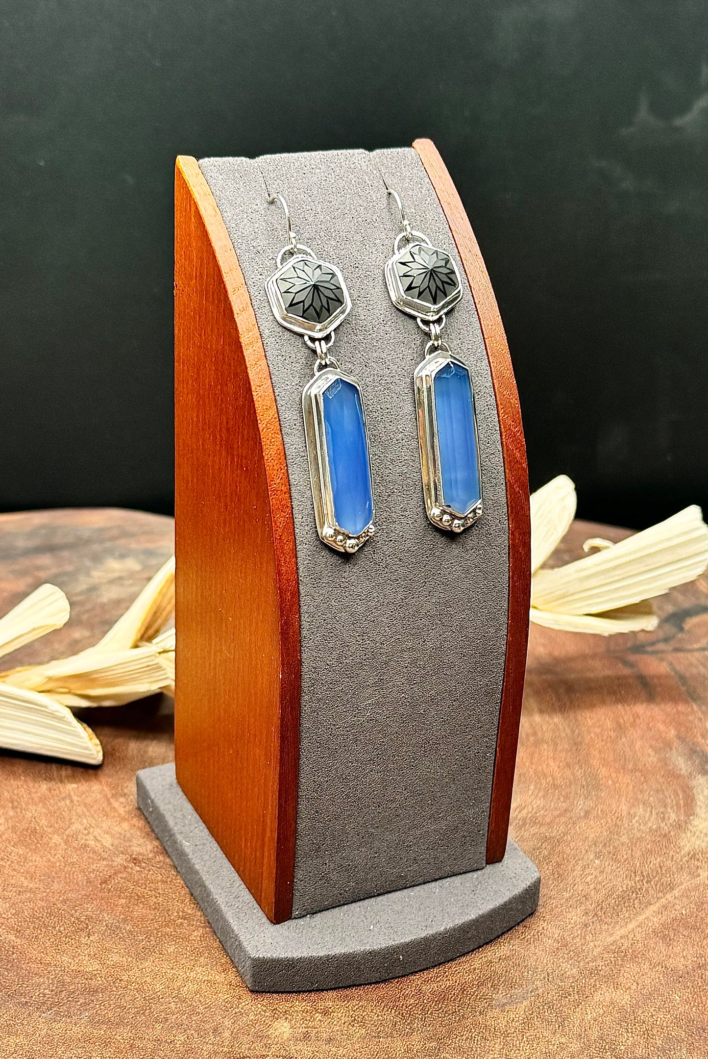 Namibian Chalcedony and Precision Cut Black Spinel Sterling Silver Earrings