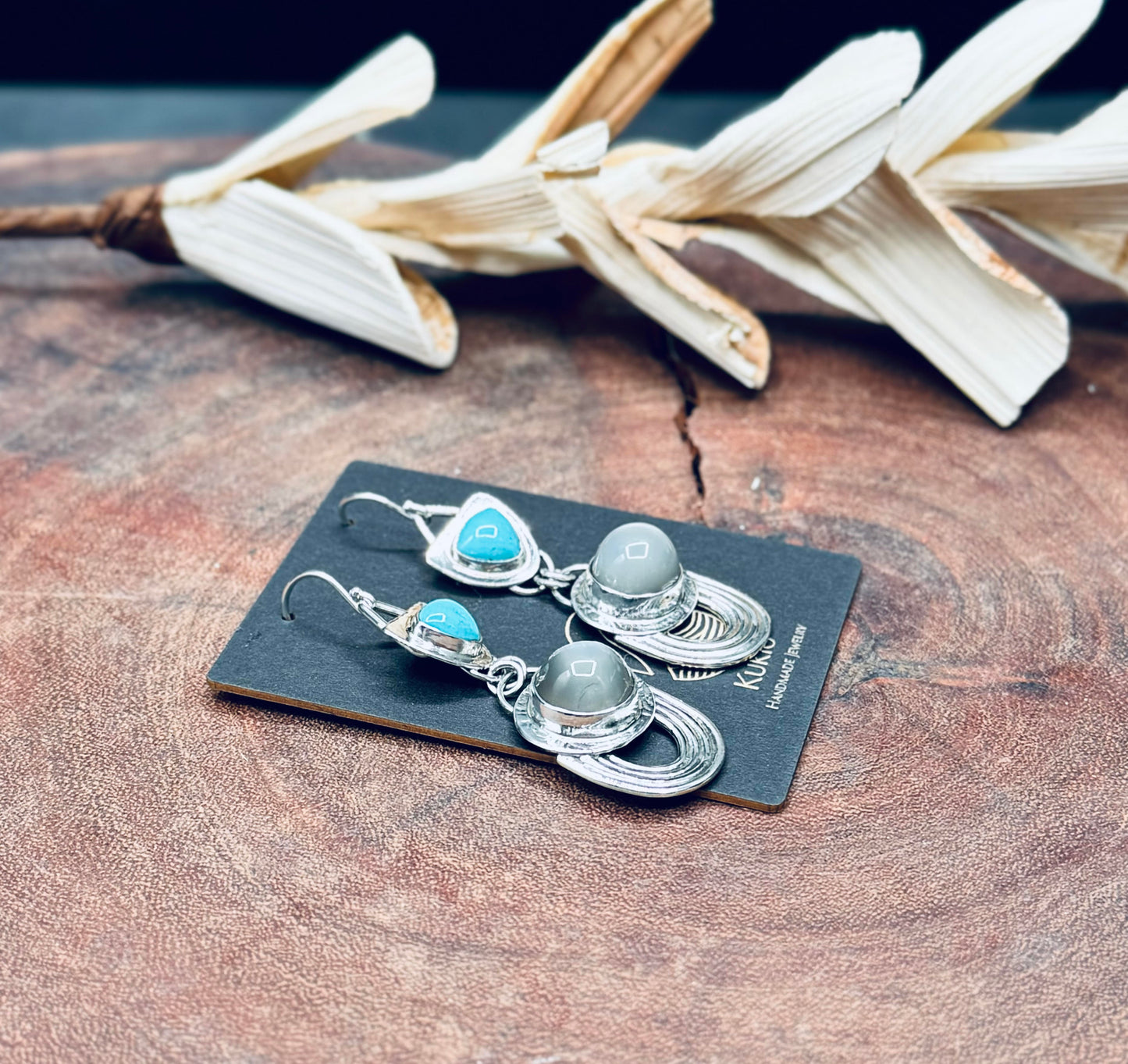 High Dome Gray Moonstone and Turquoise Sterling Silver Earrings