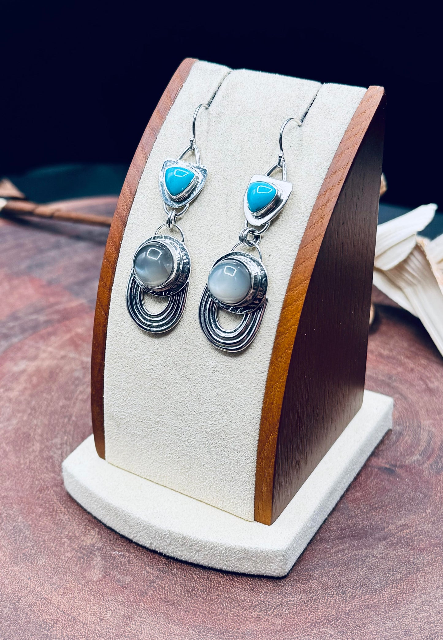 High Dome Gray Moonstone and Turquoise Sterling Silver Earrings