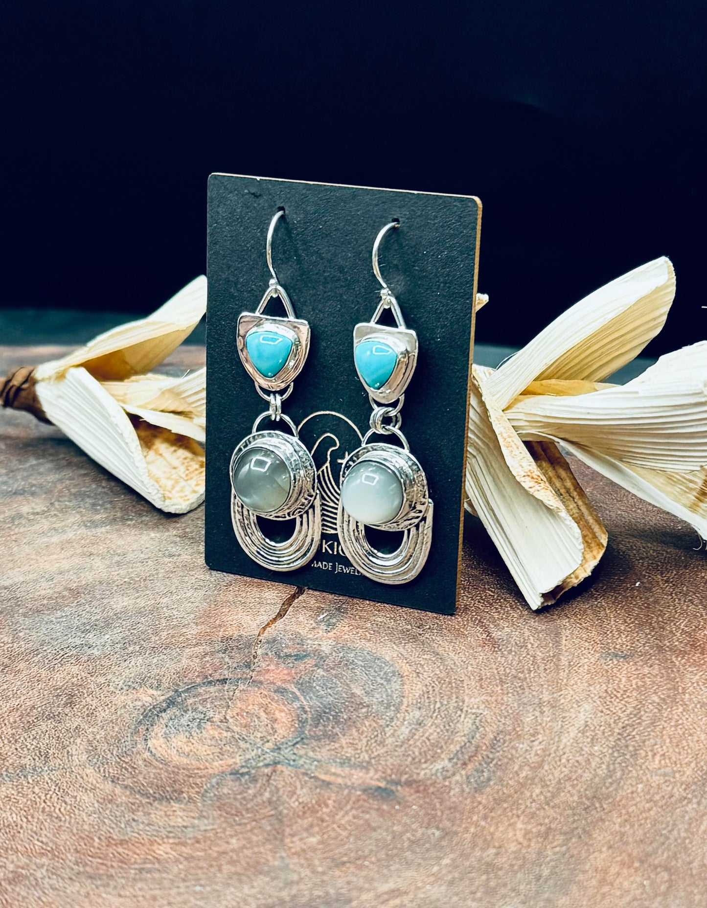 High Dome Gray Moonstone and Turquoise Sterling Silver Earrings