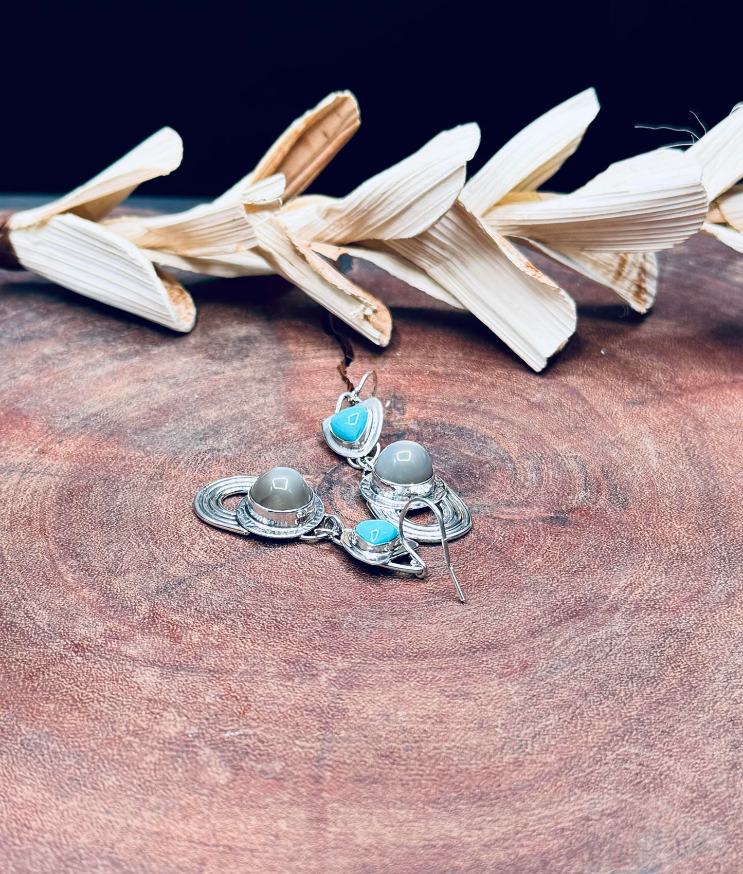 High Dome Gray Moonstone and Turquoise Sterling Silver Earrings