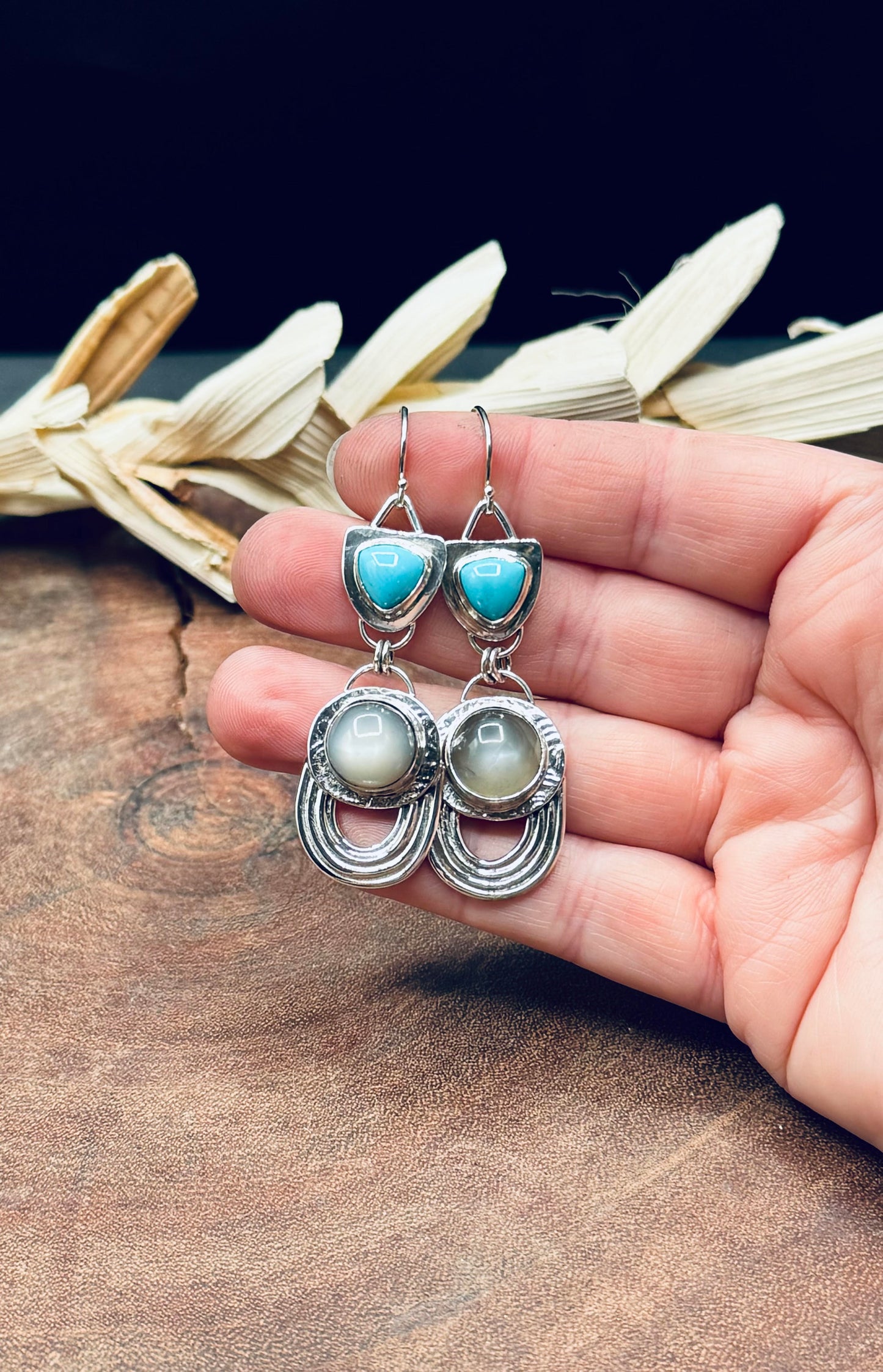 High Dome Gray Moonstone and Turquoise Sterling Silver Earrings