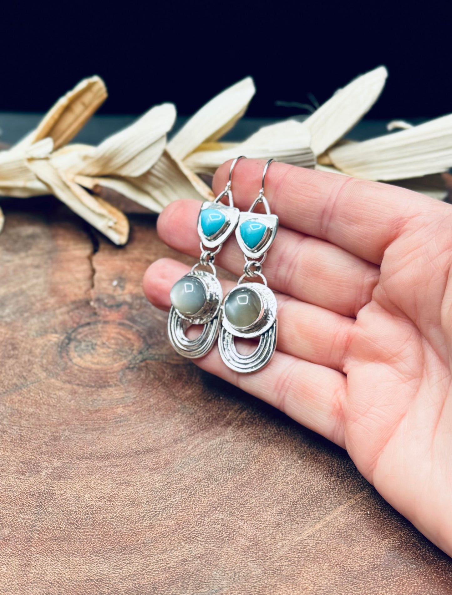 High Dome Gray Moonstone and Turquoise Sterling Silver Earrings