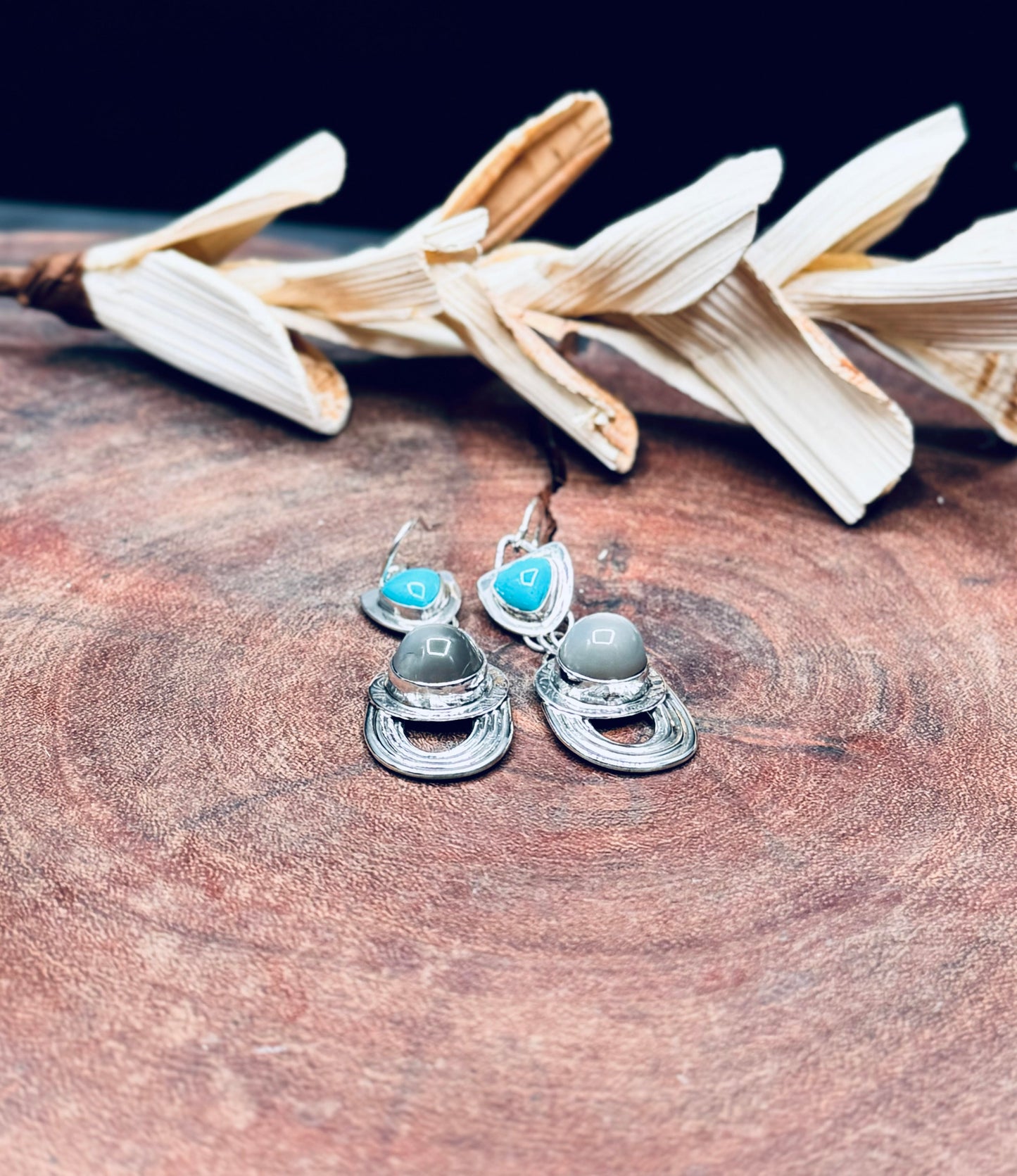 High Dome Gray Moonstone and Turquoise Sterling Silver Earrings