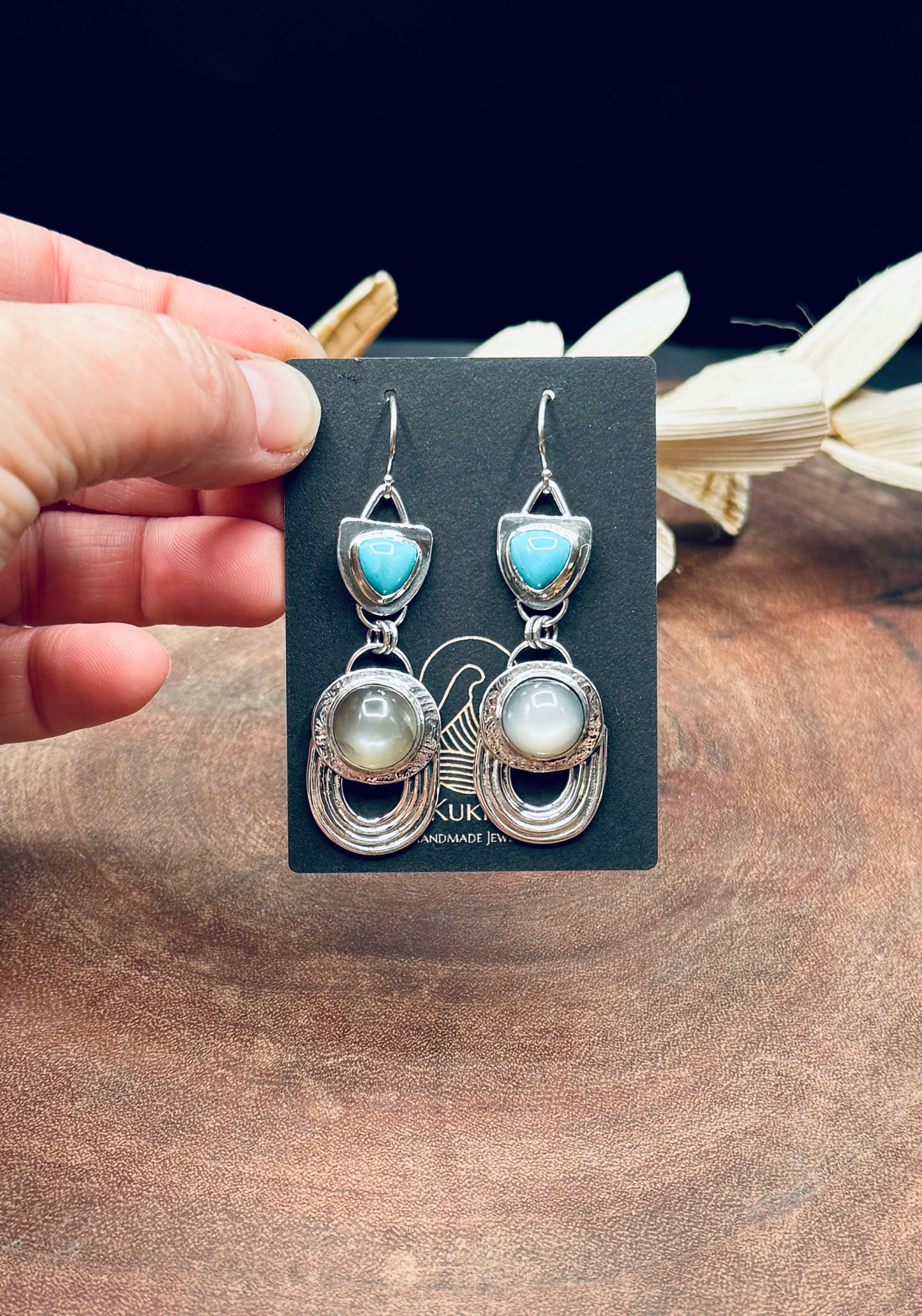 High Dome Gray Moonstone and Turquoise Sterling Silver Earrings