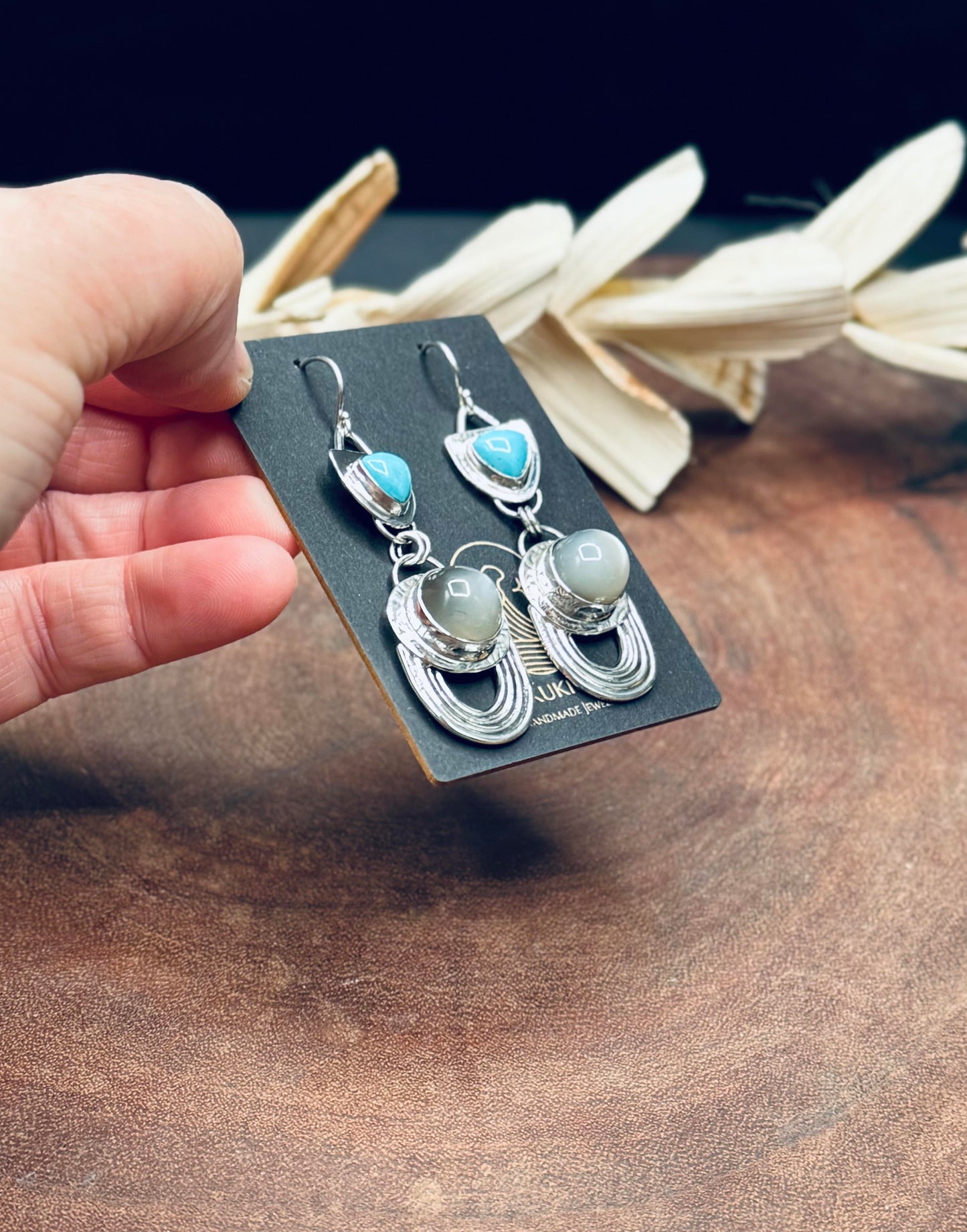 High Dome Gray Moonstone and Turquoise Sterling Silver Earrings