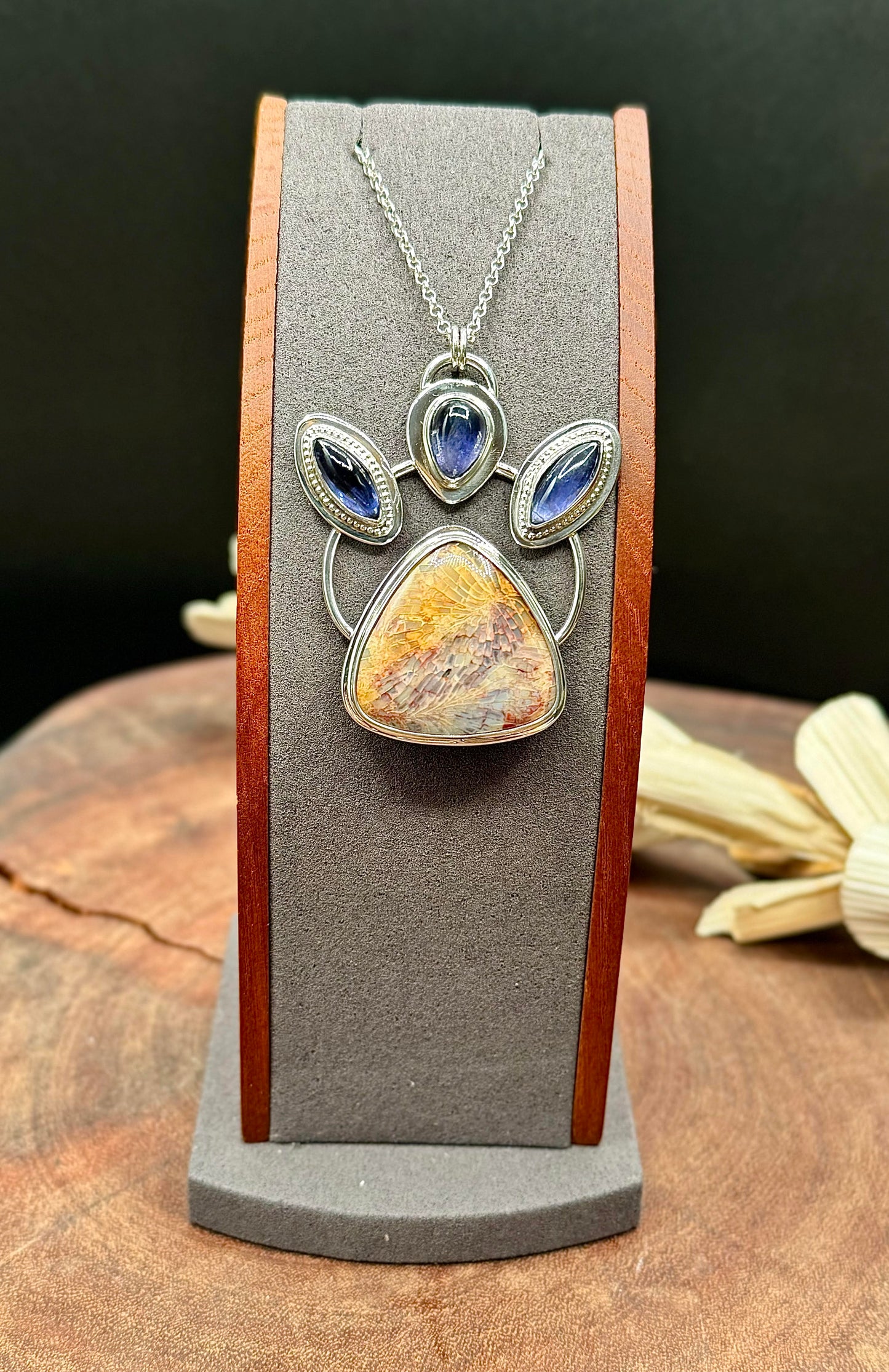 Sterling Silver Fossilized Coral and Iolite Pendant