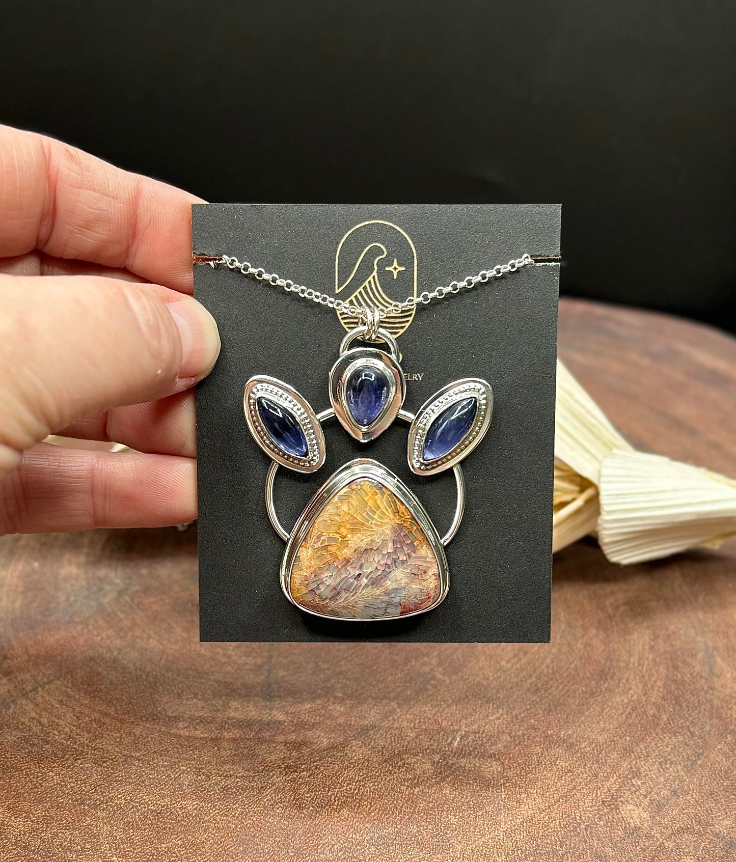 Sterling Silver Fossilized Coral and Iolite Pendant