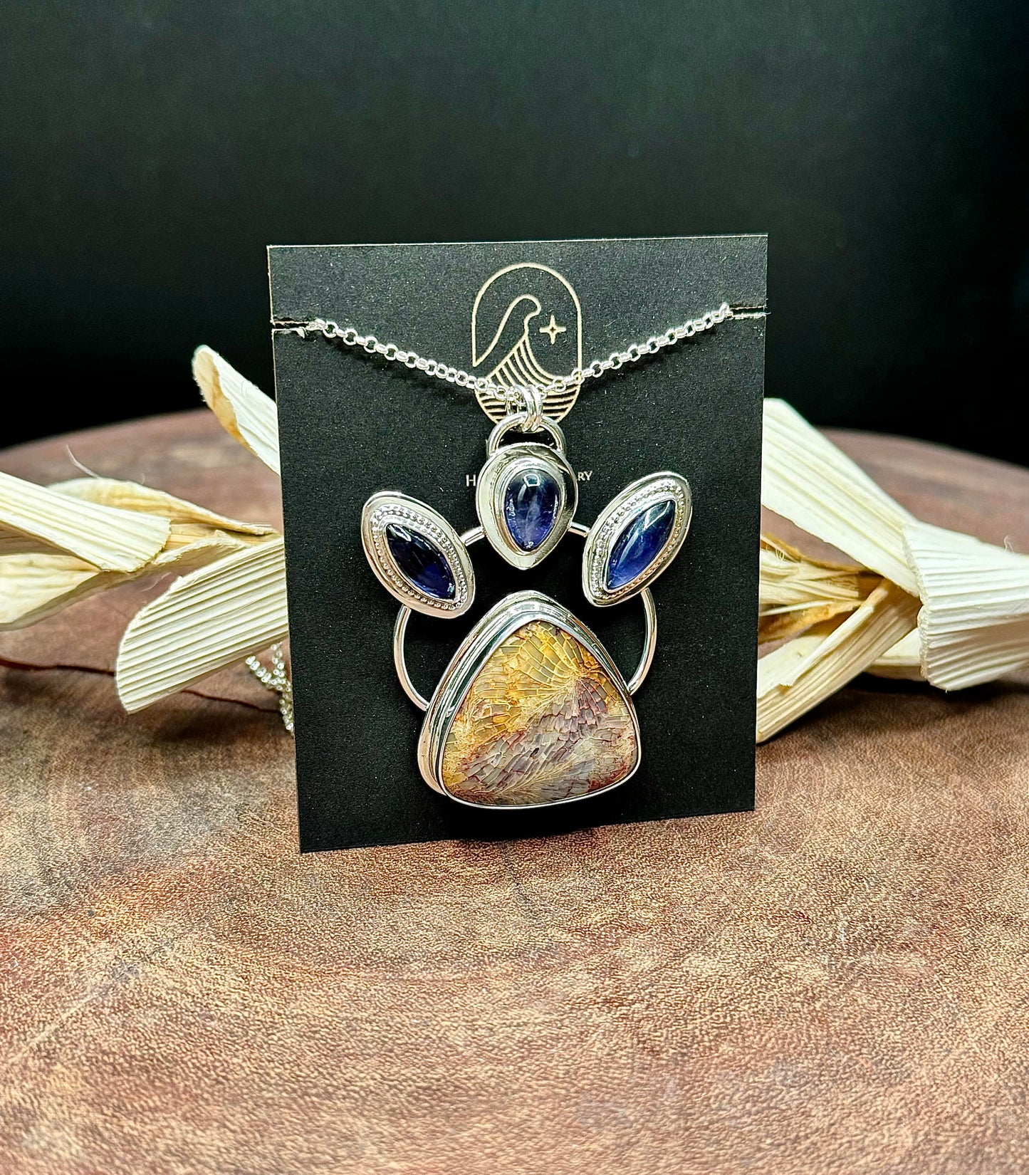 Sterling Silver Fossilized Coral and Iolite Pendant