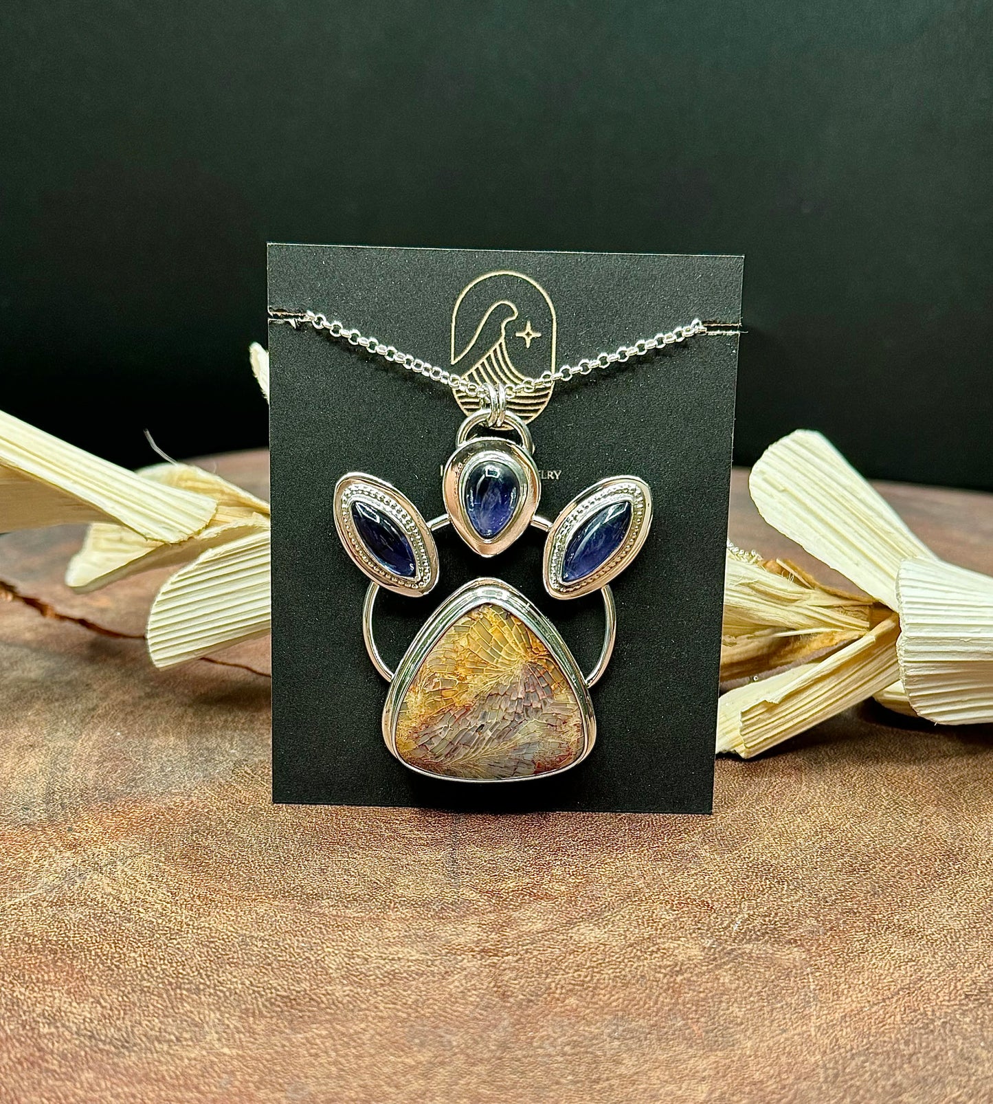 Sterling Silver Fossilized Coral and Iolite Pendant