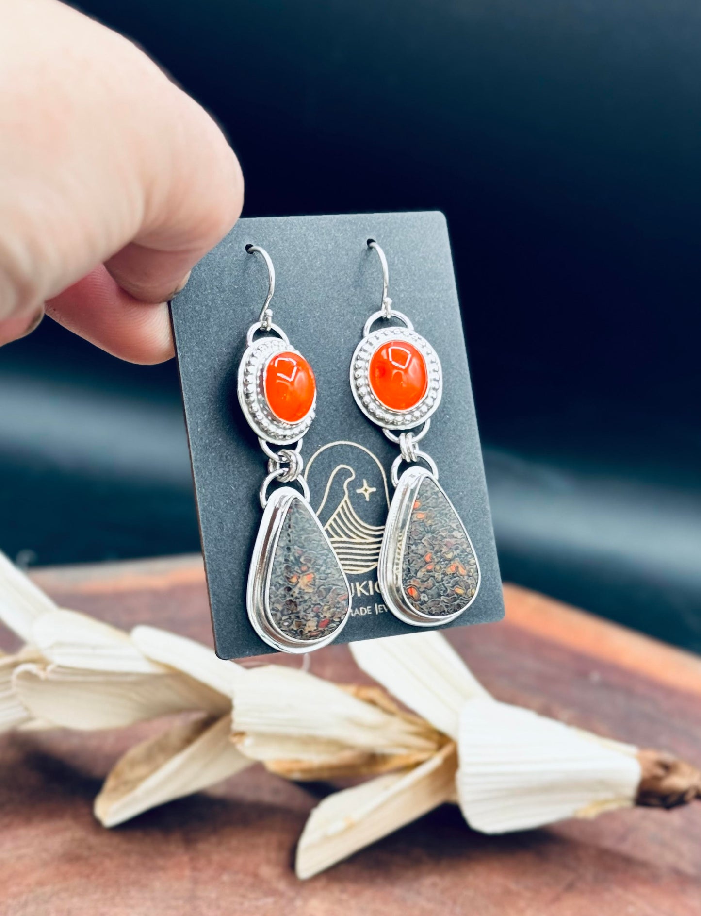 Dino Bone and Carnelian Sterling Silver Earrings