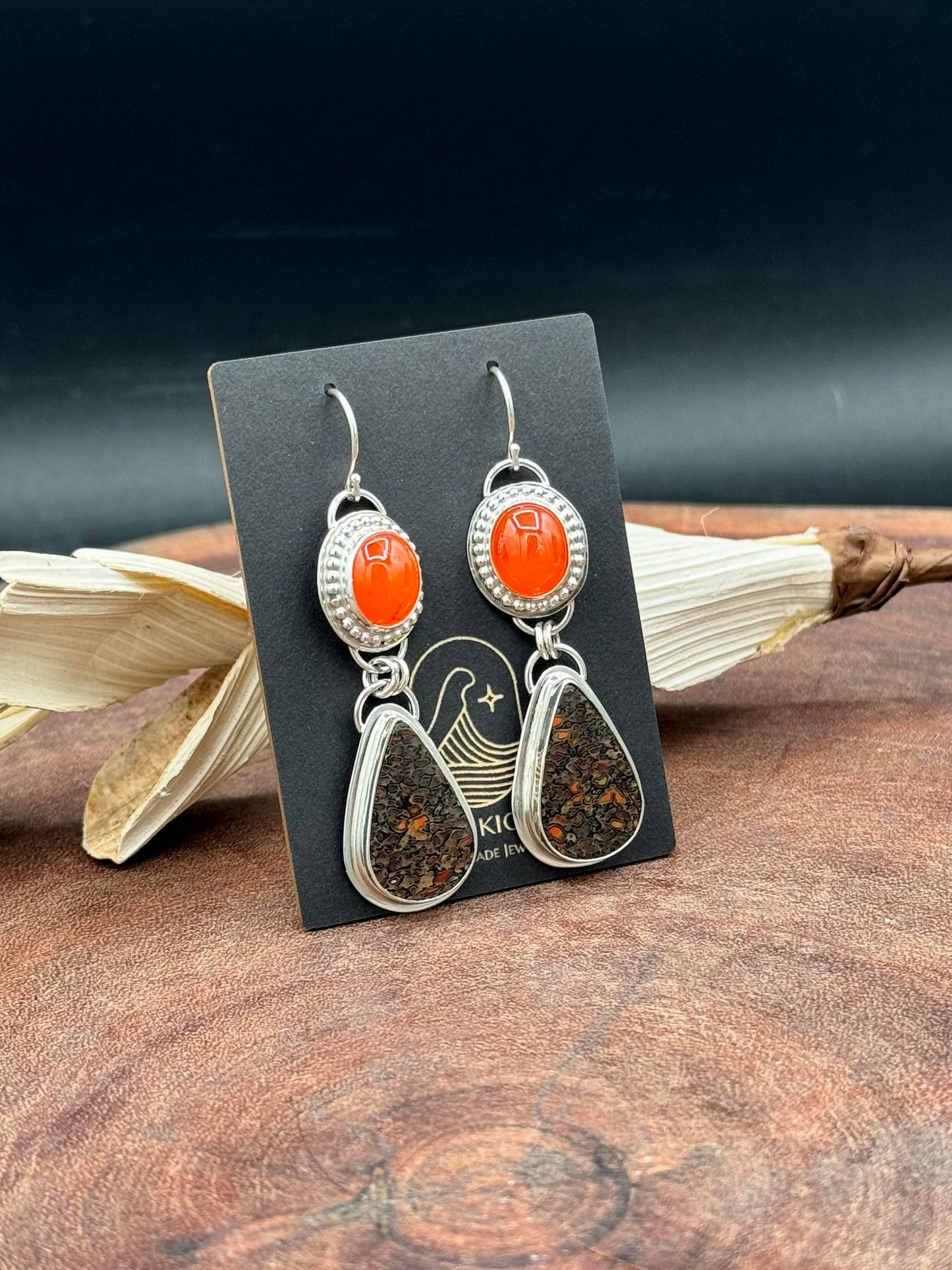 Dino Bone and Carnelian Sterling Silver Earrings