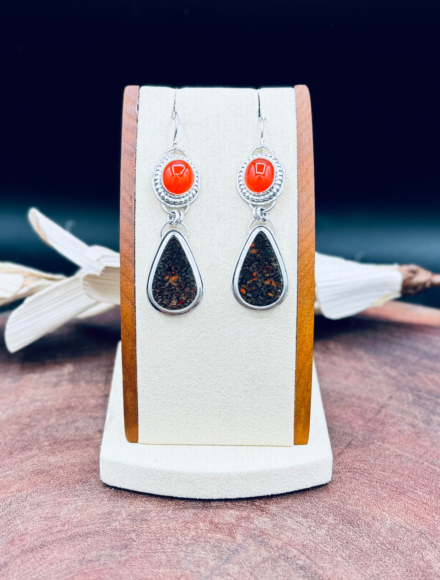 Dino Bone and Carnelian Sterling Silver Earrings