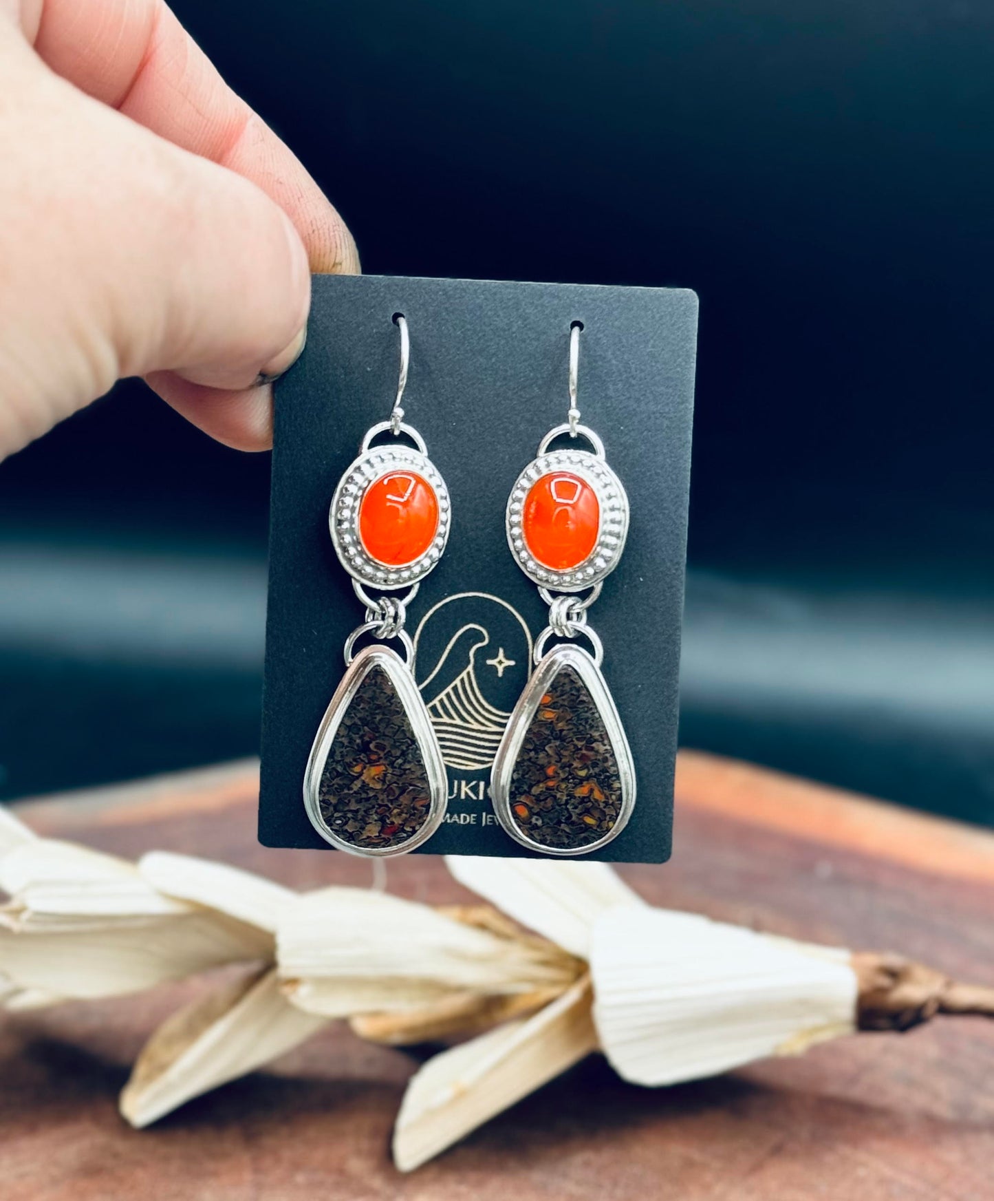 Dino Bone and Carnelian Sterling Silver Earrings