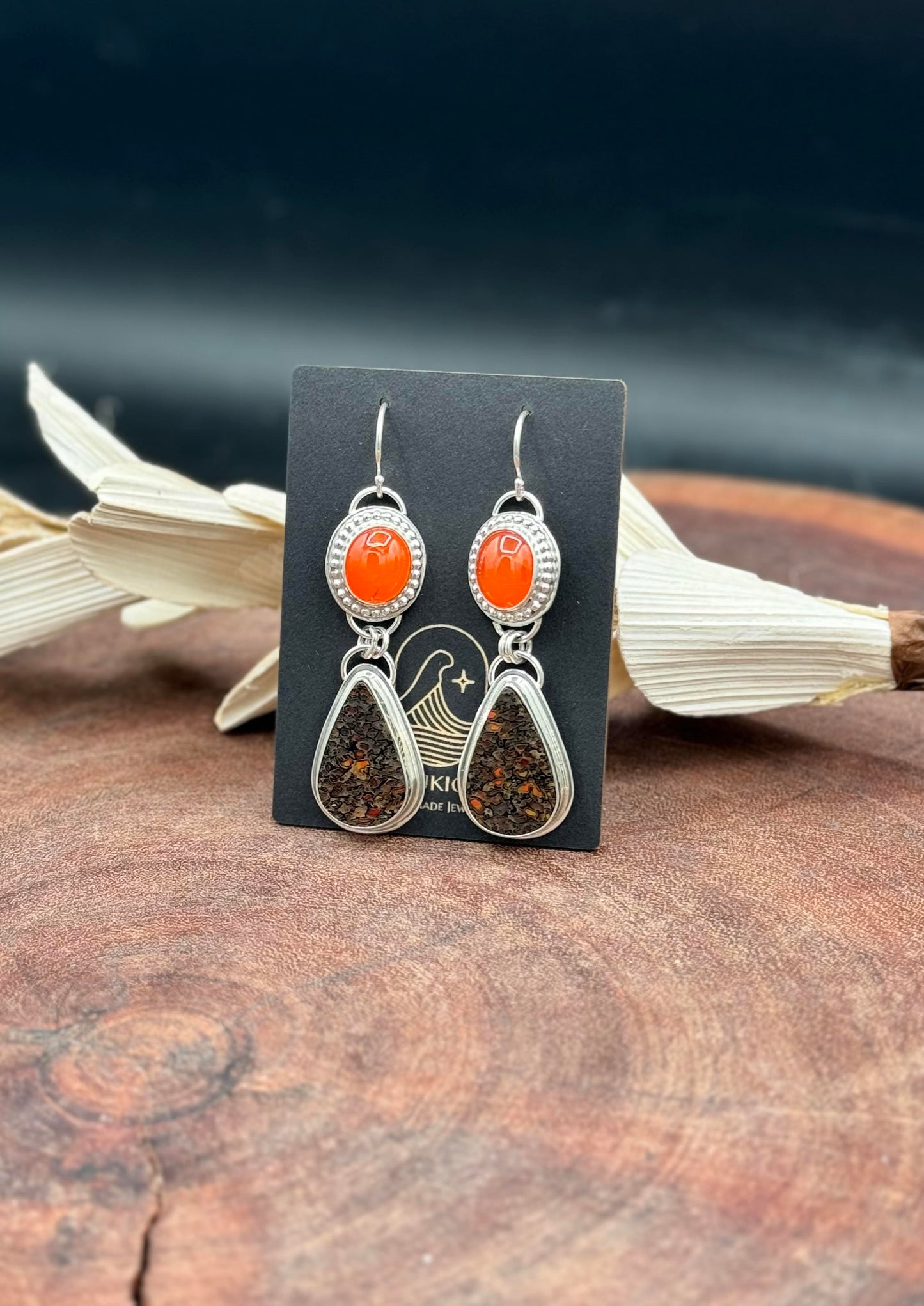 Dino Bone and Carnelian Sterling Silver Earrings