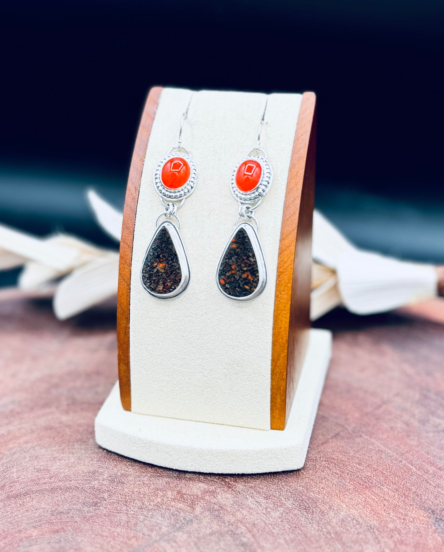 Dino Bone and Carnelian Sterling Silver Earrings