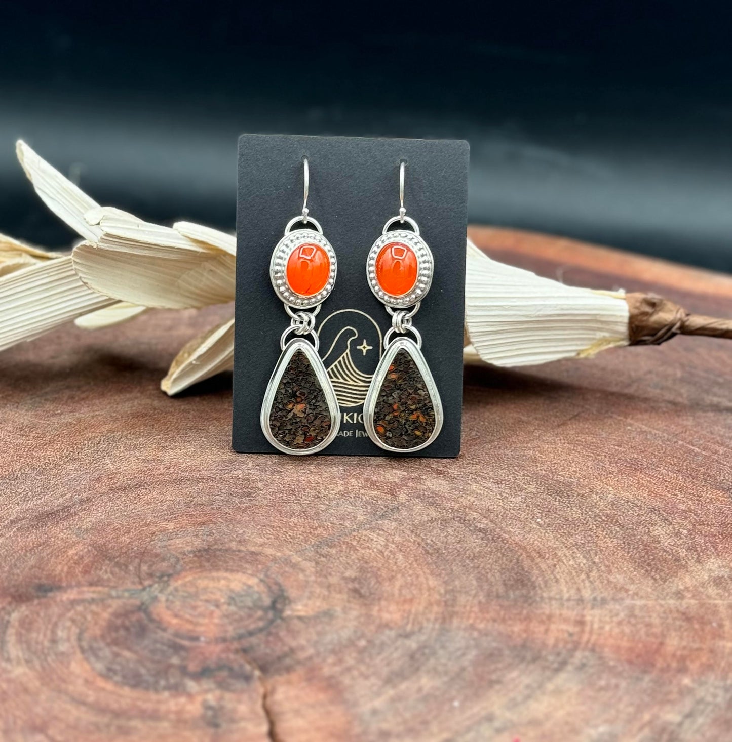 Dino Bone and Carnelian Sterling Silver Earrings