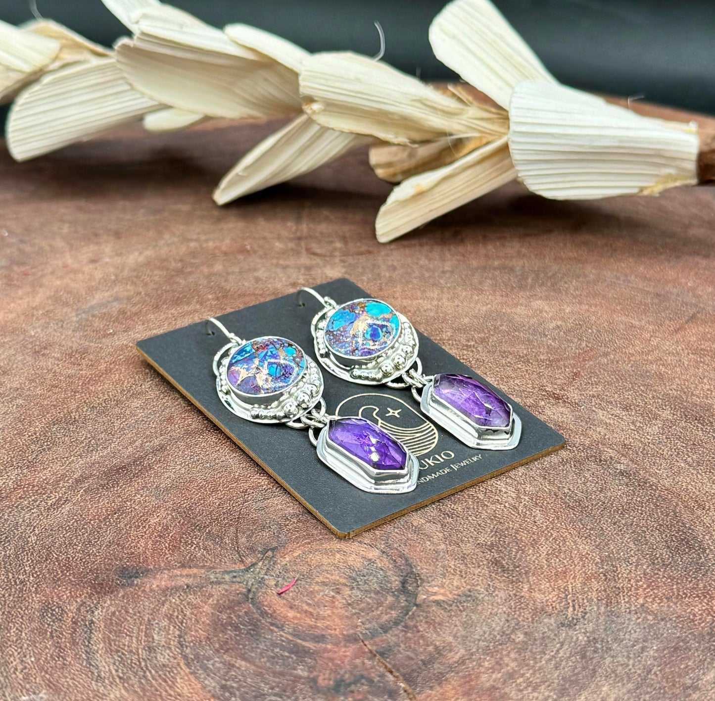 Kingman Mohave Turquoise with Bronze and Amethyst Sterling Silver Earrings